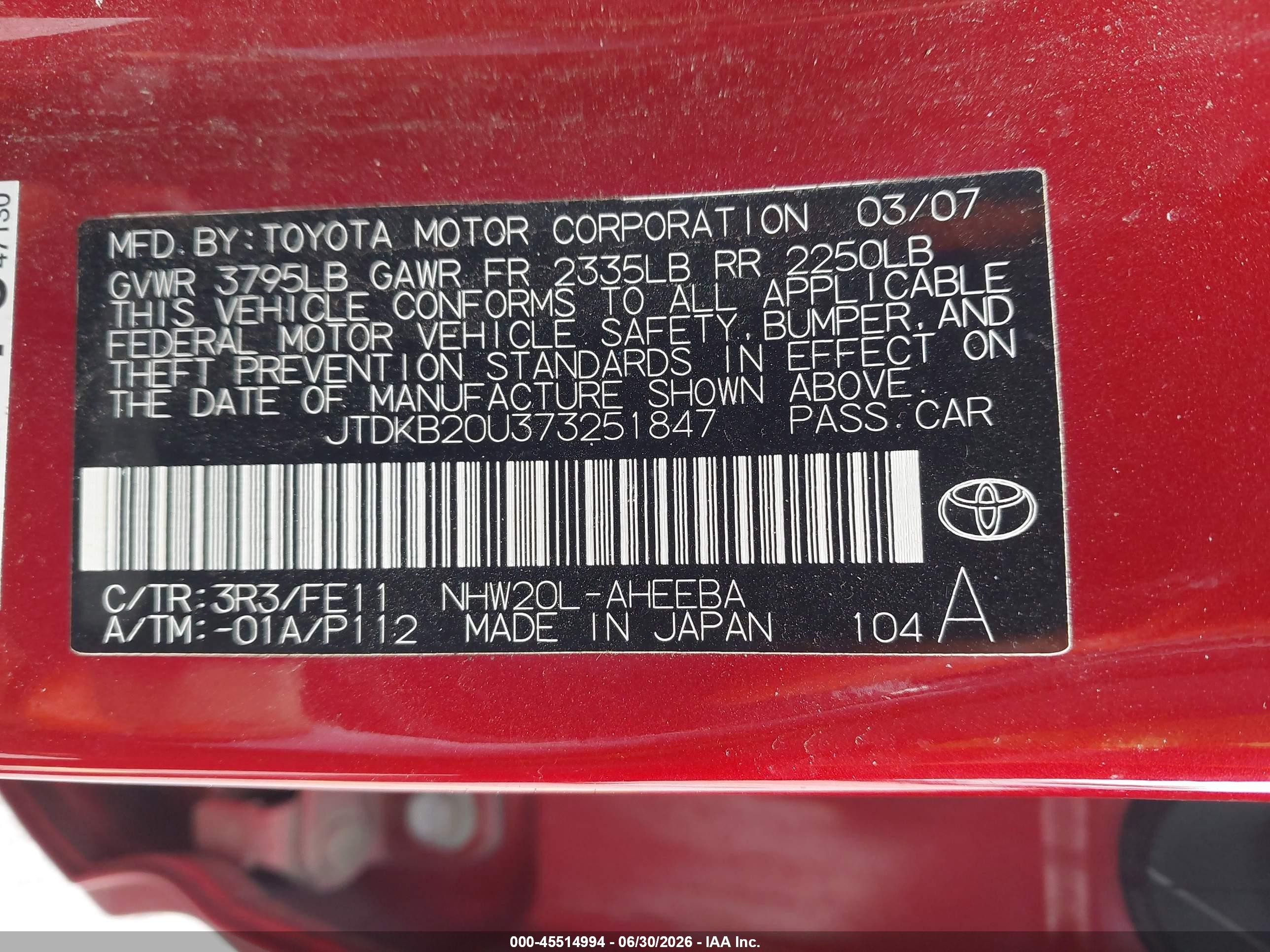 2007 Toyota Prius   Красный vin: JTDKB20U373251847
