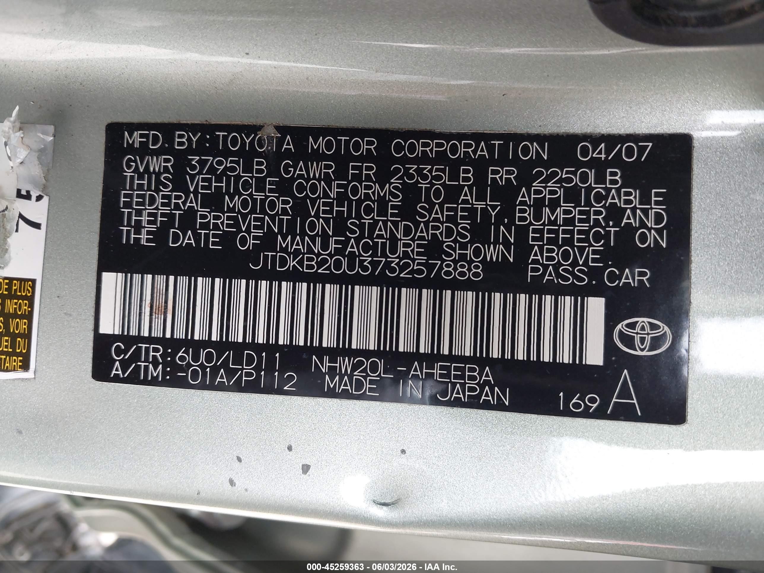 2007 Toyota Prius   Green vin: JTDKB20U373257888