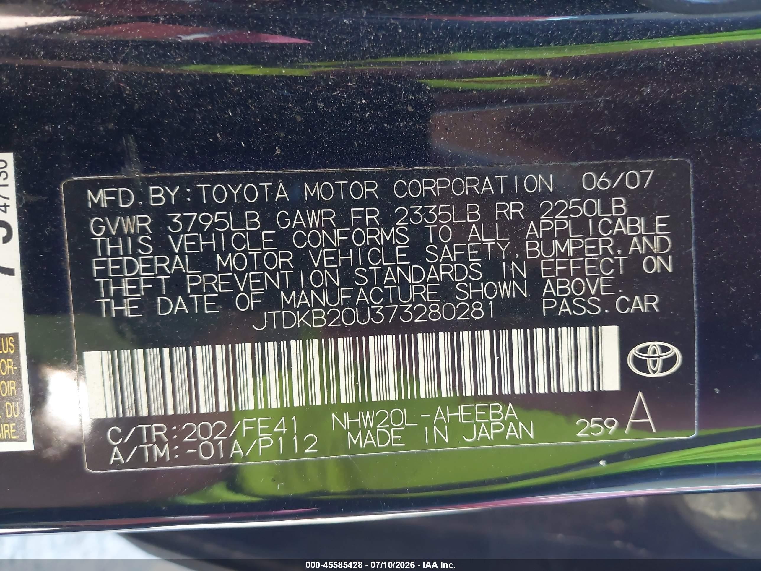 2007 Toyota Prius   Black vin: JTDKB20U373280281