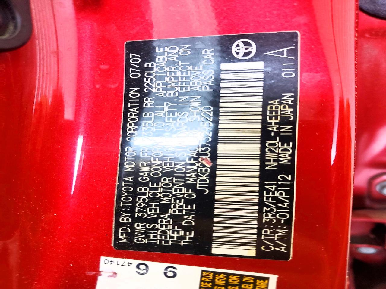 2007 Toyota Prius Touring Red vin: JTDKB20U373295220