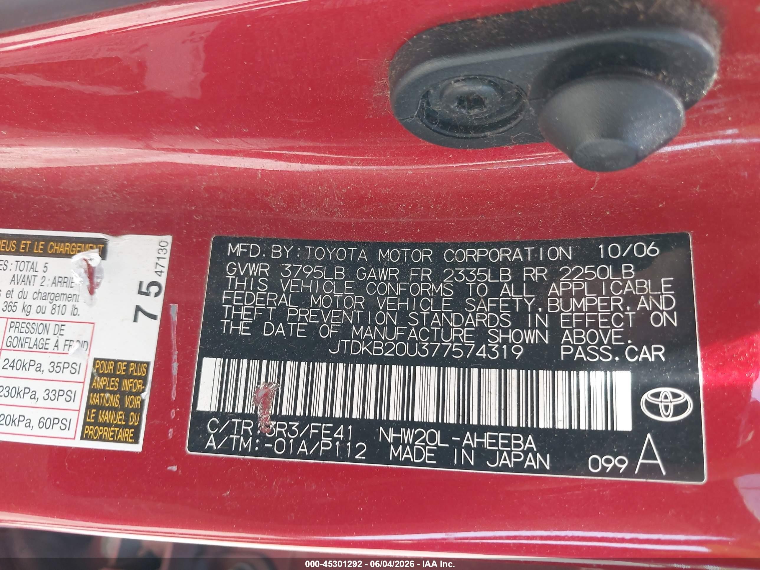 2007 Toyota Prius   Red vin: JTDKB20U377574319