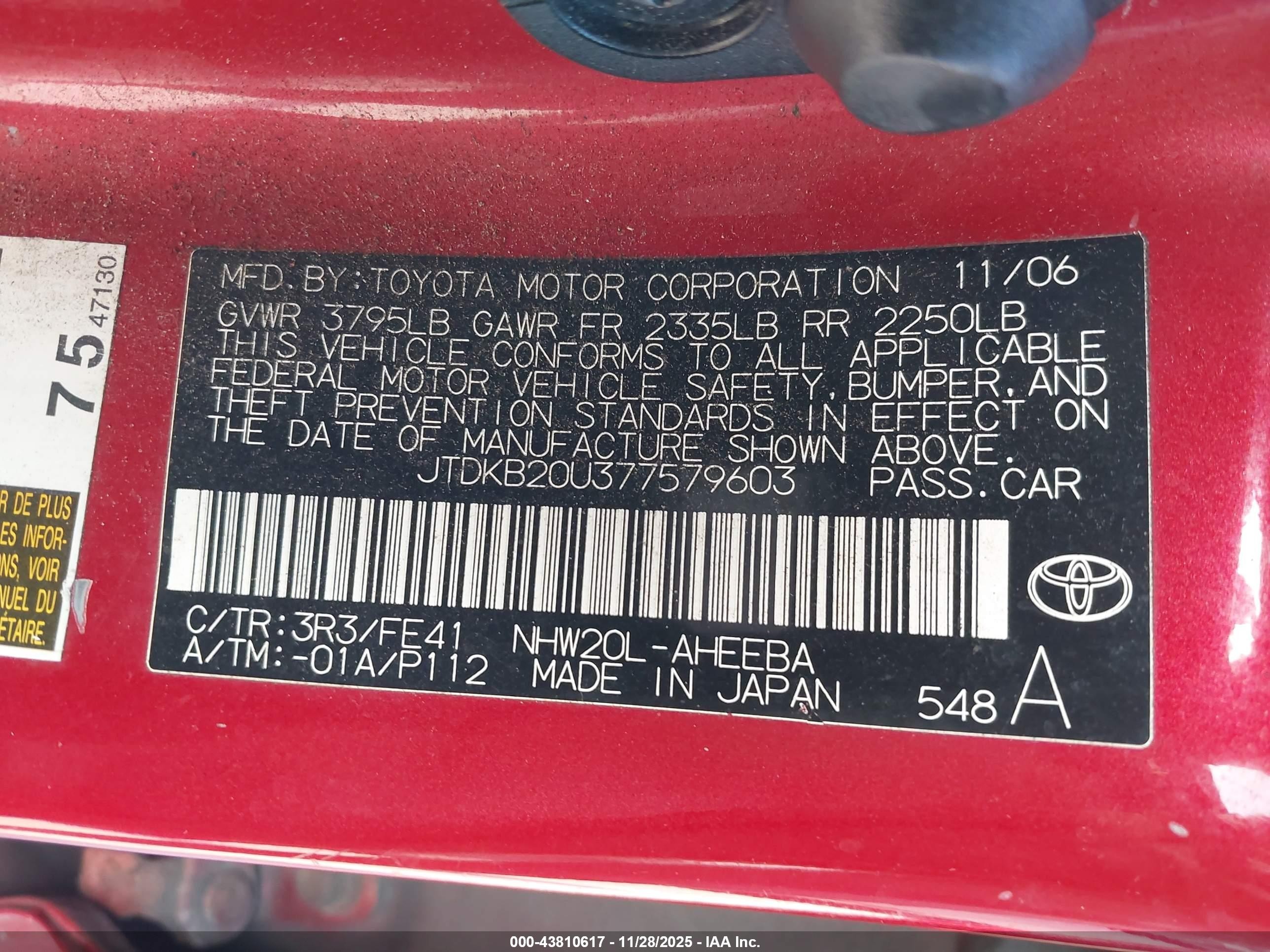 2007 Toyota Prius   Red vin: JTDKB20U377579603