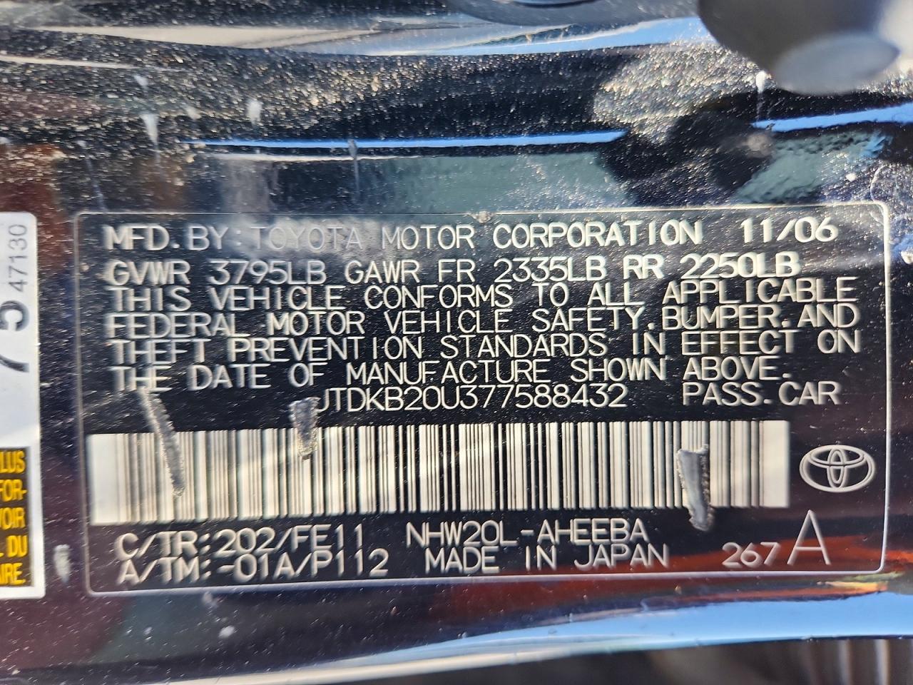 2007 Toyota Prius Base Черный vin: JTDKB20U377588432