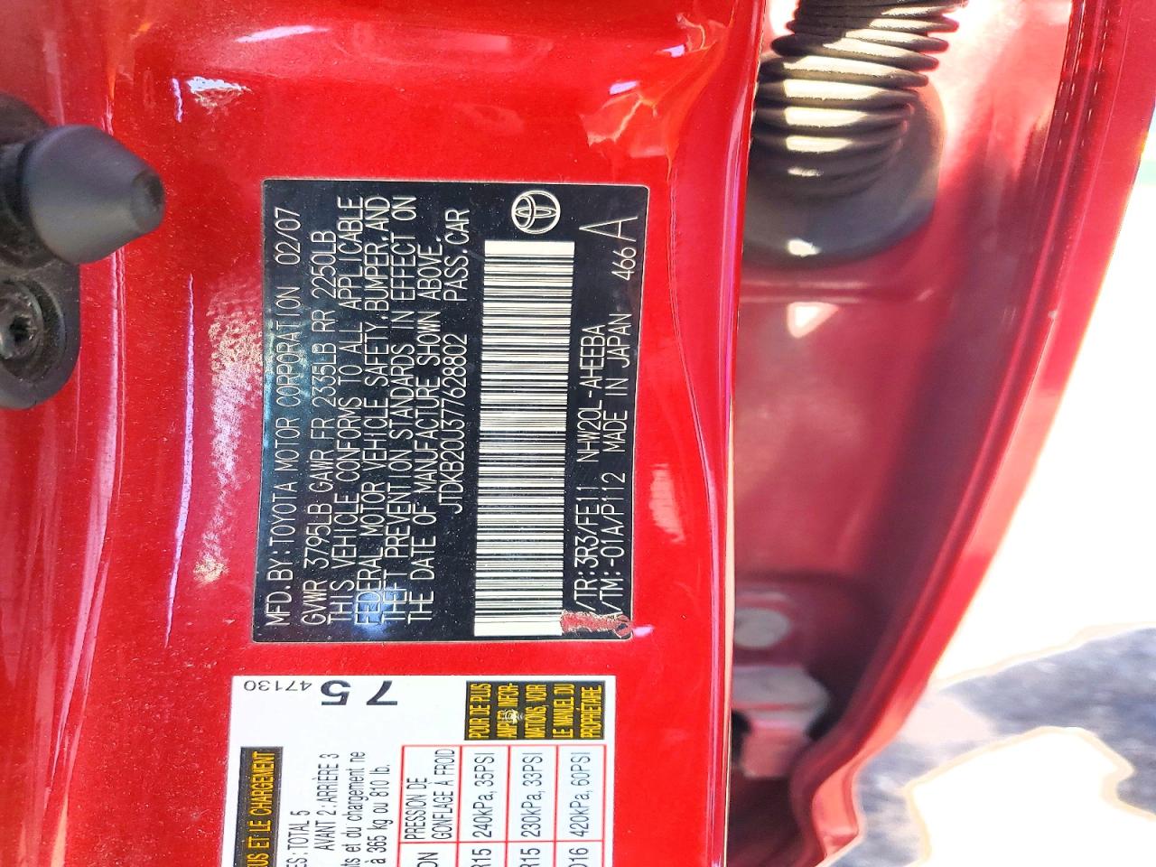 2007 Toyota Prius Base Red vin: JTDKB20U377628802