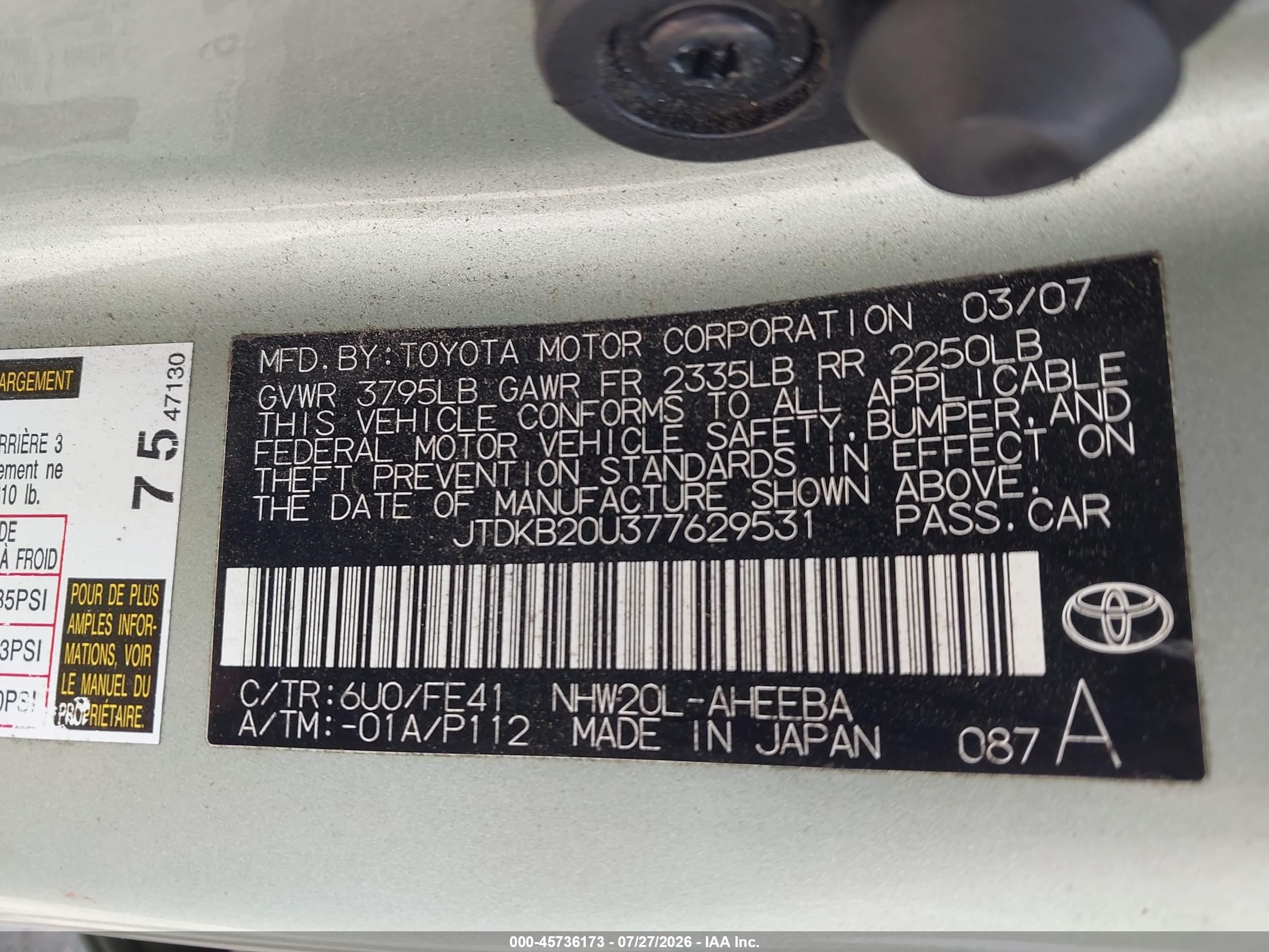 2007 Toyota Prius   Green vin: JTDKB20U377629531