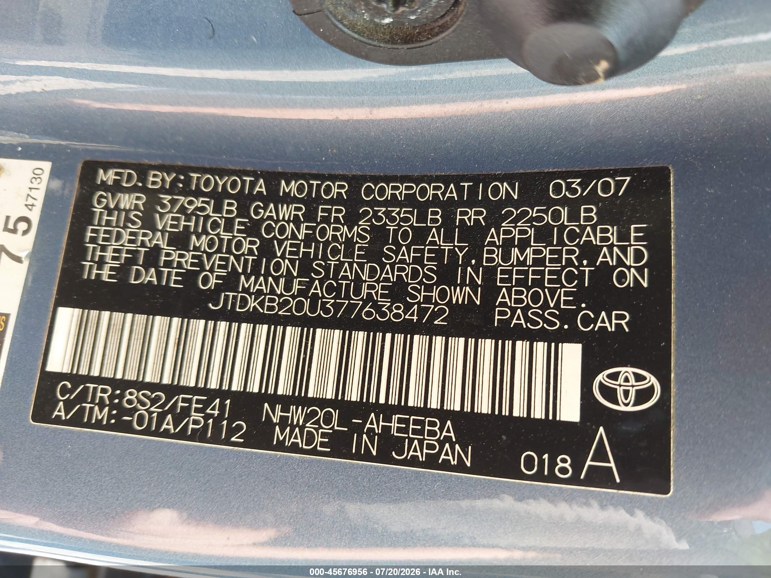 2007 Toyota Prius   Blue vin: JTDKB20U377638472