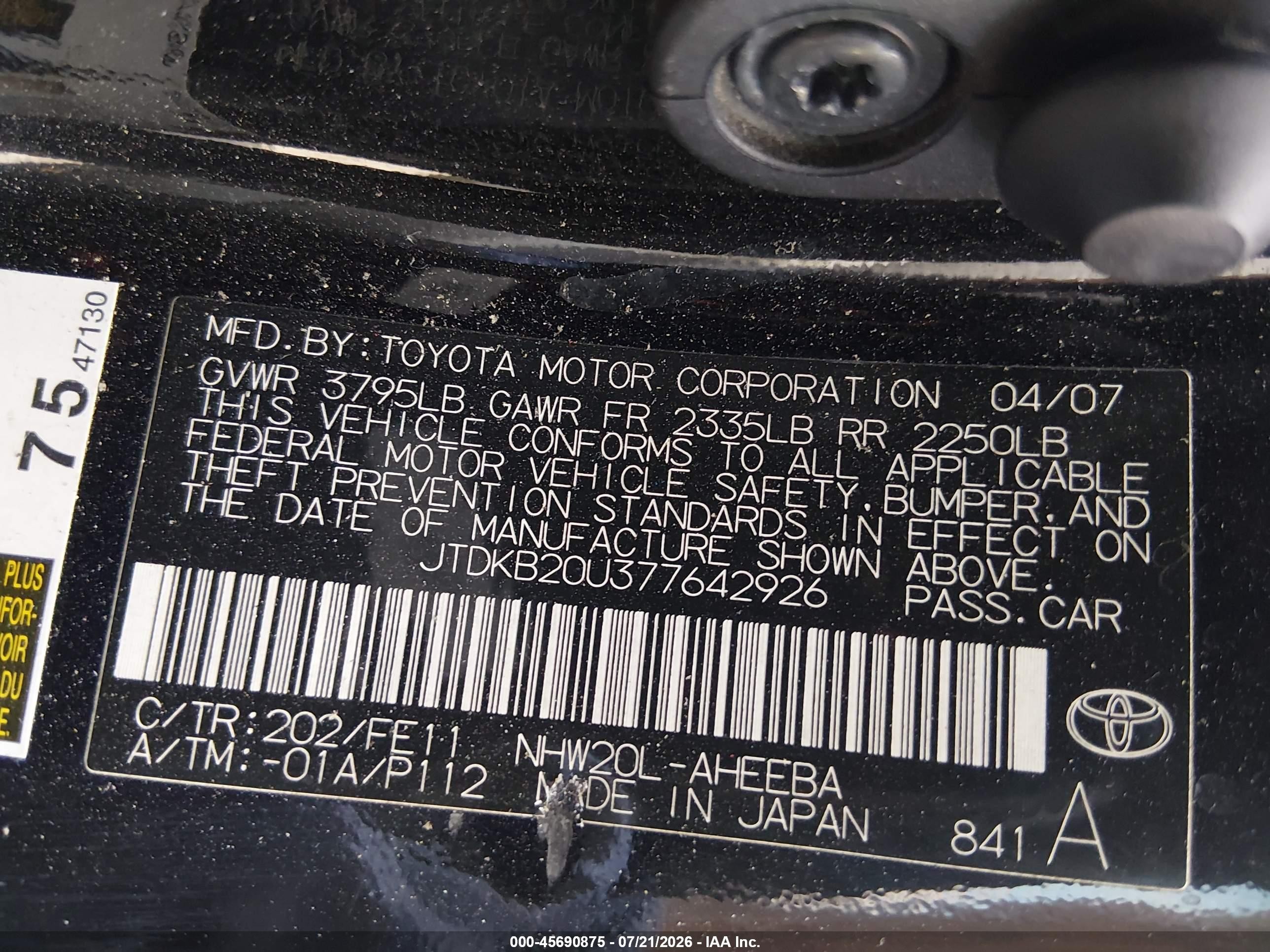 2007 Toyota Prius   Black vin: JTDKB20U377642926