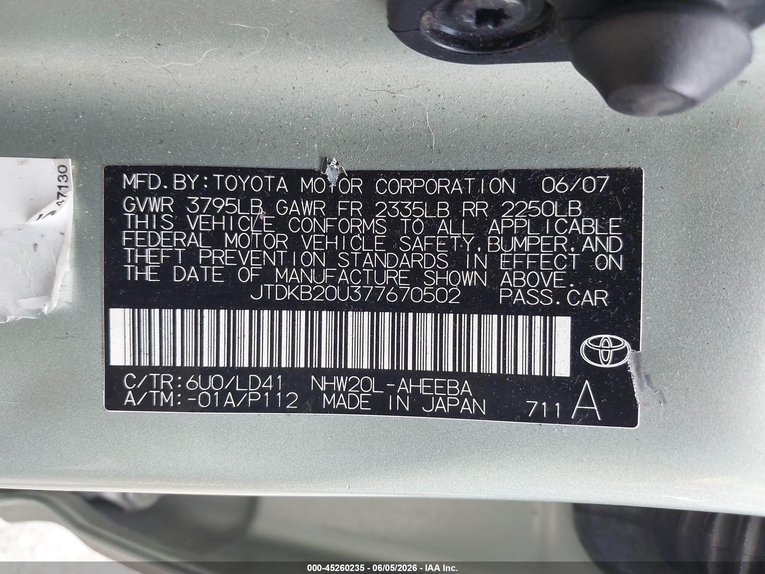 2007 Toyota Prius   Green vin: JTDKB20U377670502