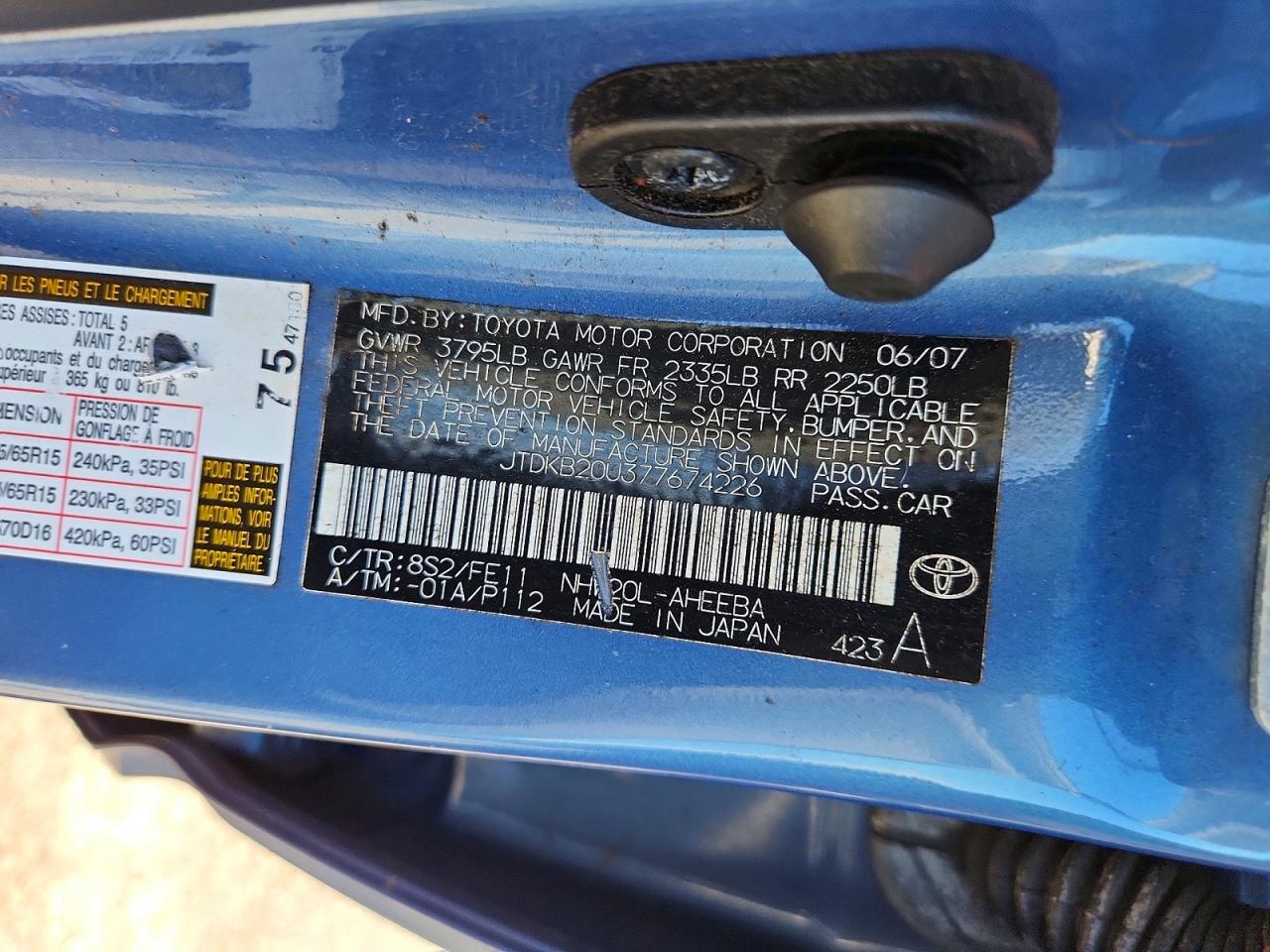 2007 Toyota Prius Base Blue vin: JTDKB20U377674226