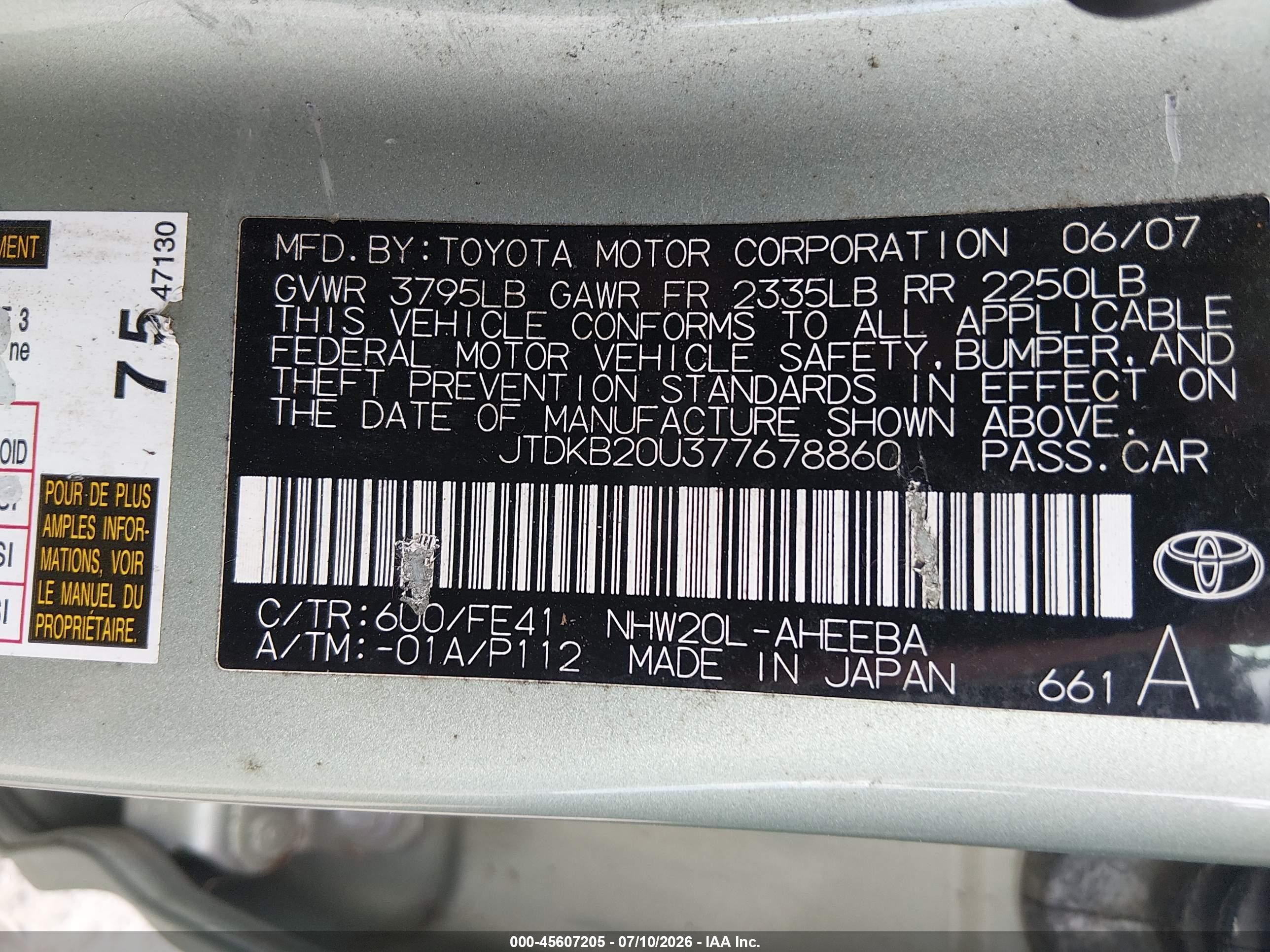 2007 Toyota Prius   Green vin: JTDKB20U377678860