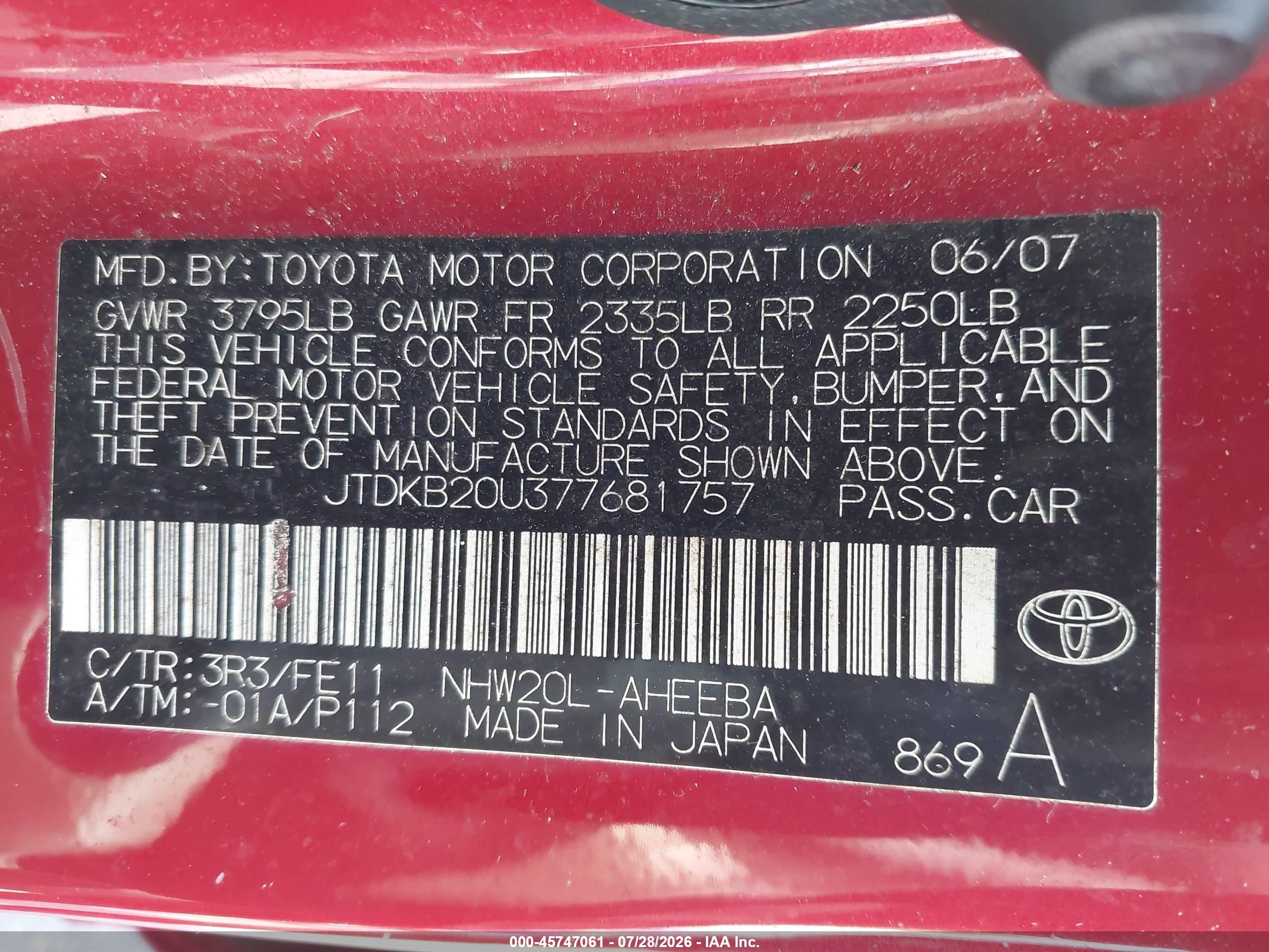 2007 Toyota Prius   Red vin: JTDKB20U377681757