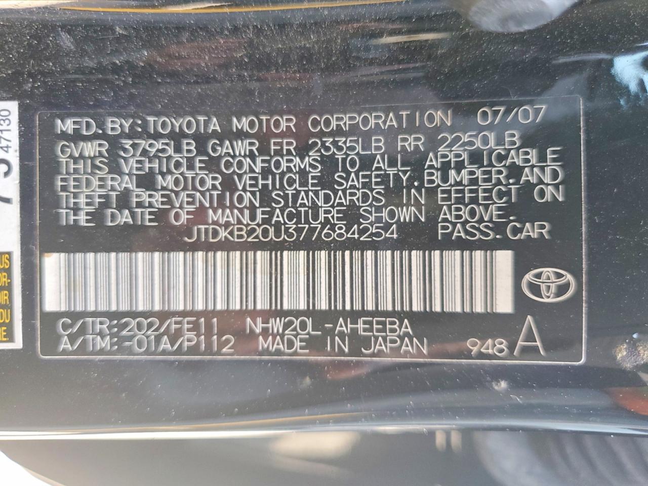 2007 Toyota Prius Base Black vin: JTDKB20U377684254
