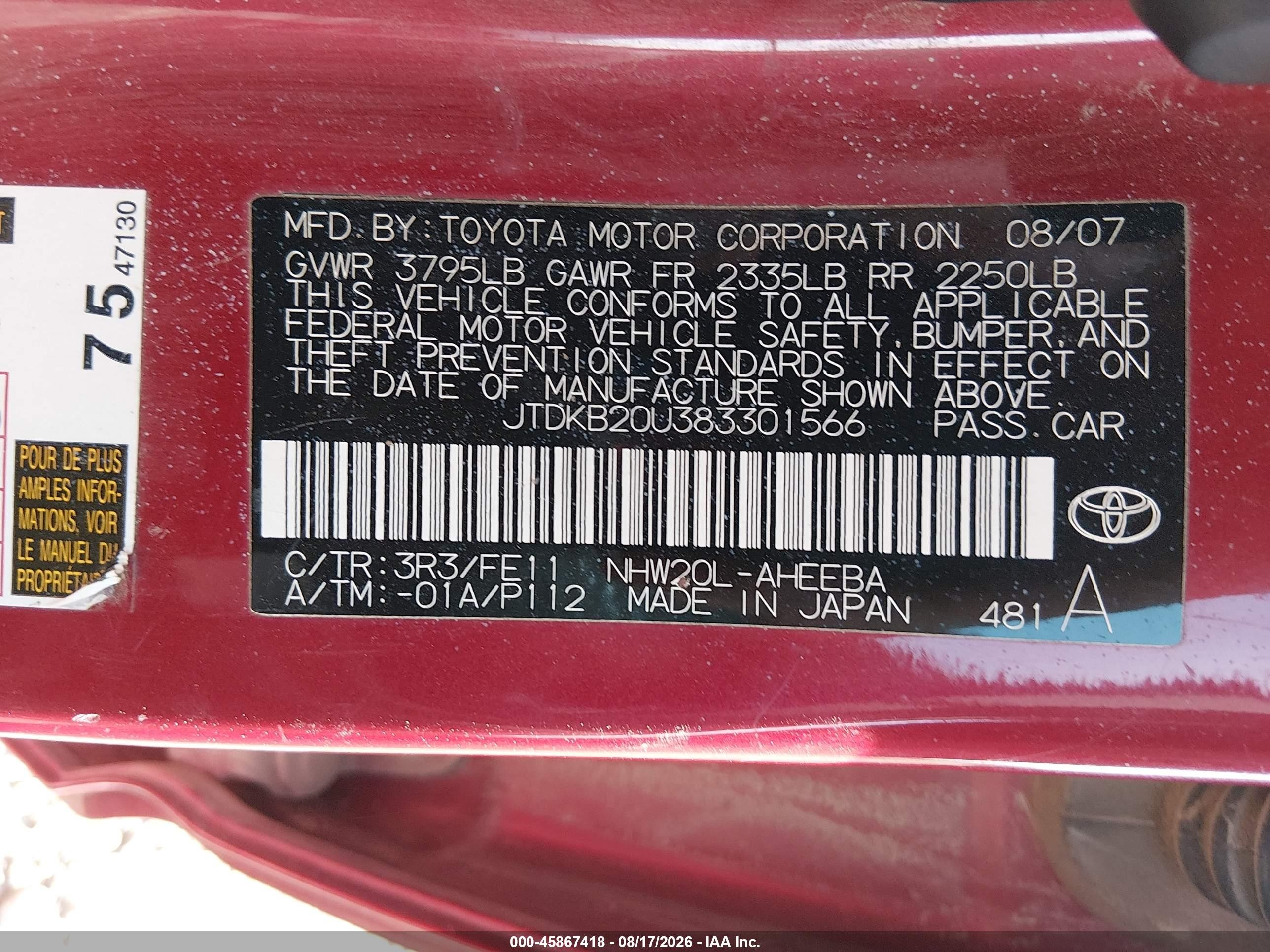 2008 Toyota Prius   Red vin: JTDKB20U383301566