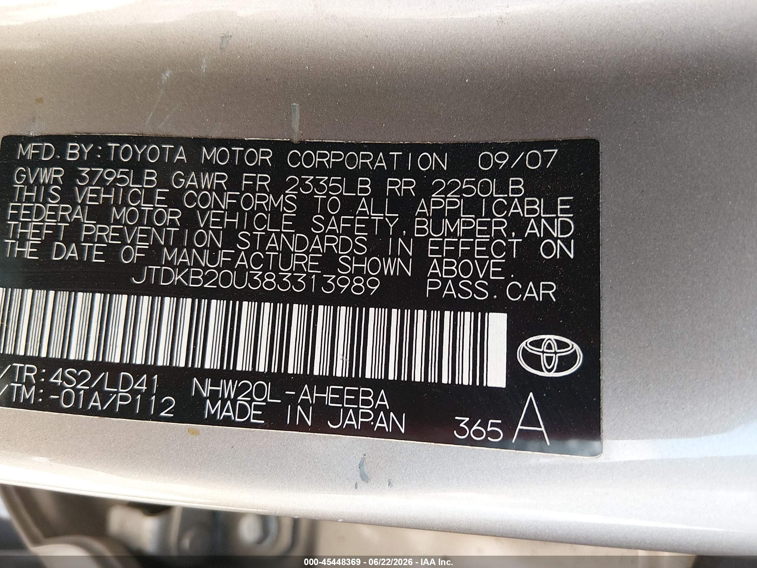 2008 Toyota Prius   Beige vin: JTDKB20U383313989