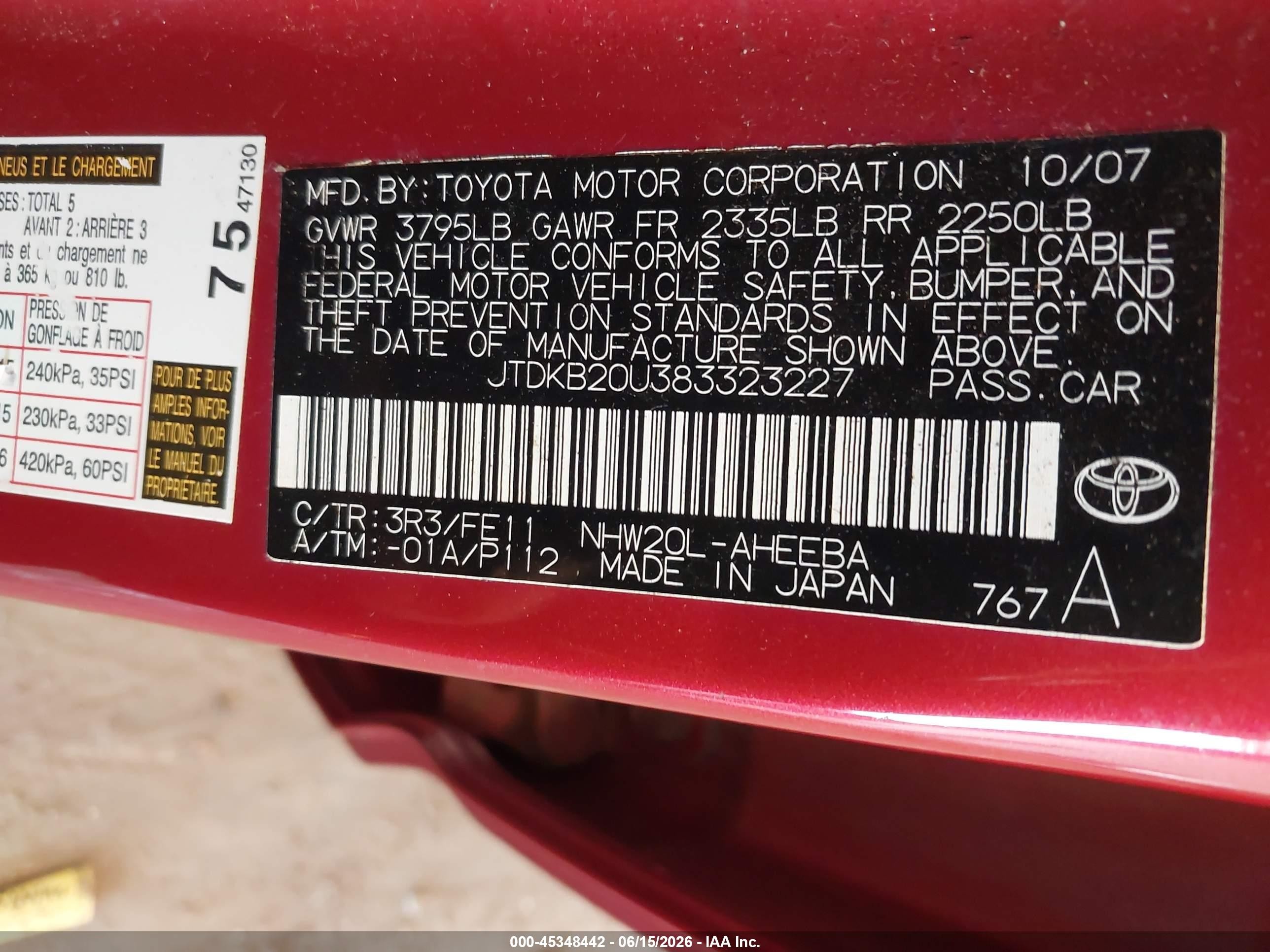 2008 Toyota Prius   Red vin: JTDKB20U383323227
