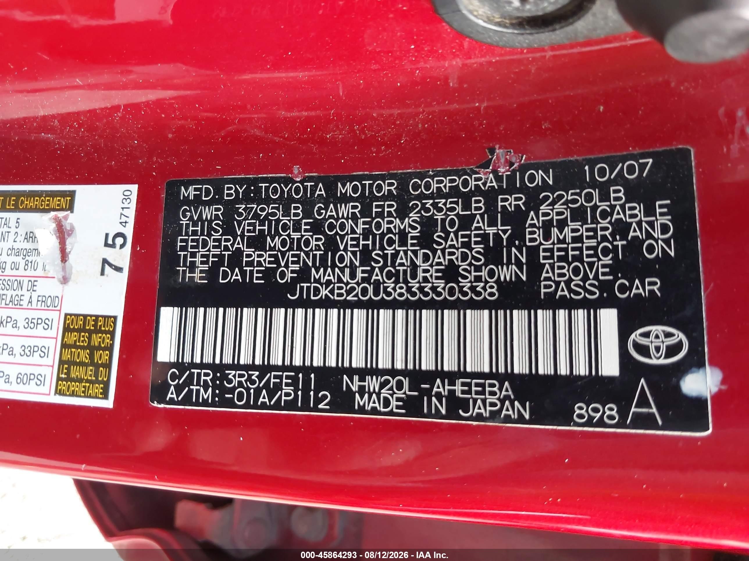 2008 Toyota Prius   Red vin: JTDKB20U383330338