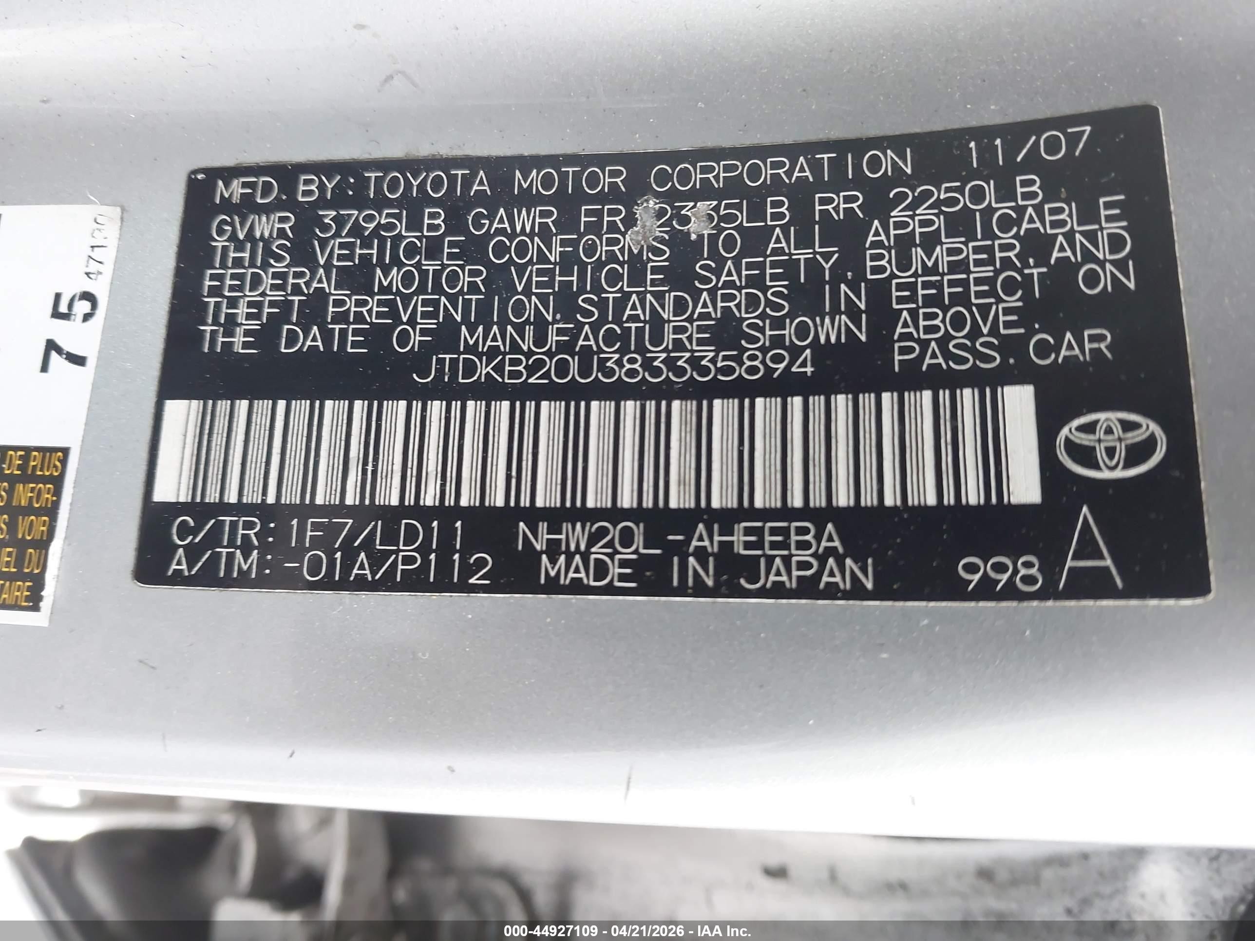 2008 Toyota Prius   Silver vin: JTDKB20U383335894
