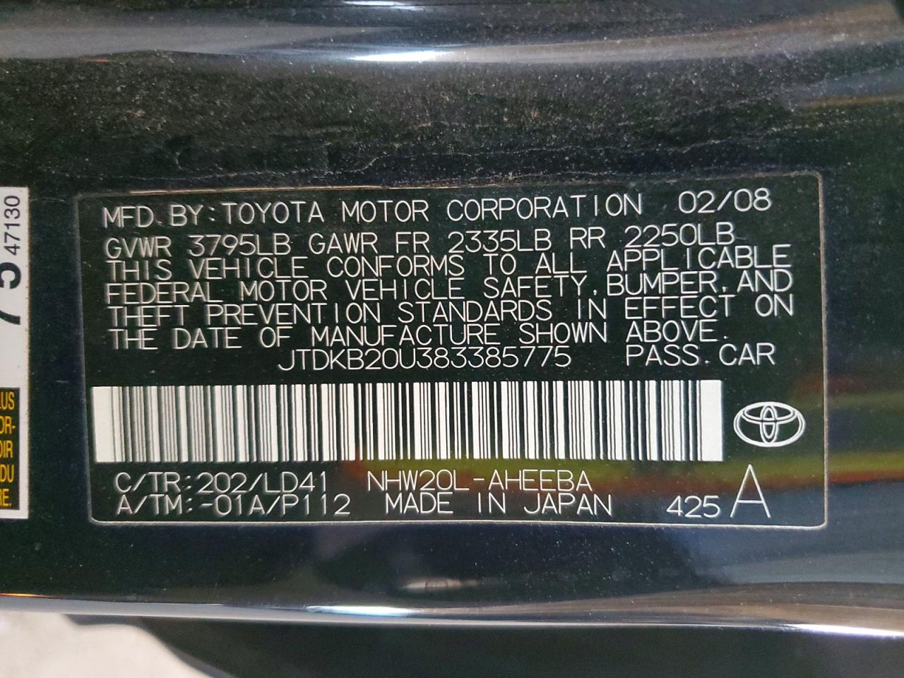 2008 Toyota Prius Base Black vin: JTDKB20U383385775