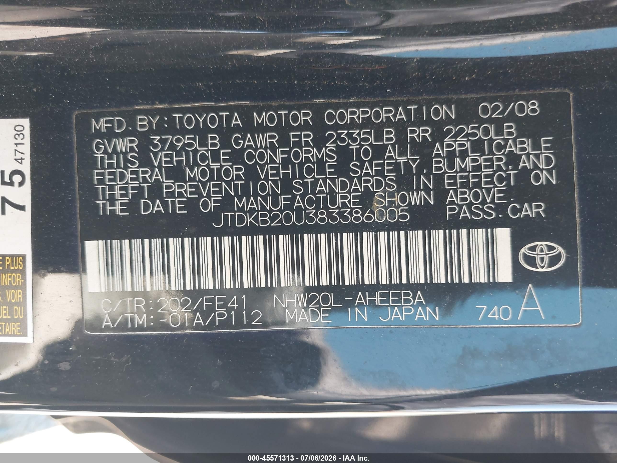 2008 Toyota Prius   Black vin: JTDKB20U383386005