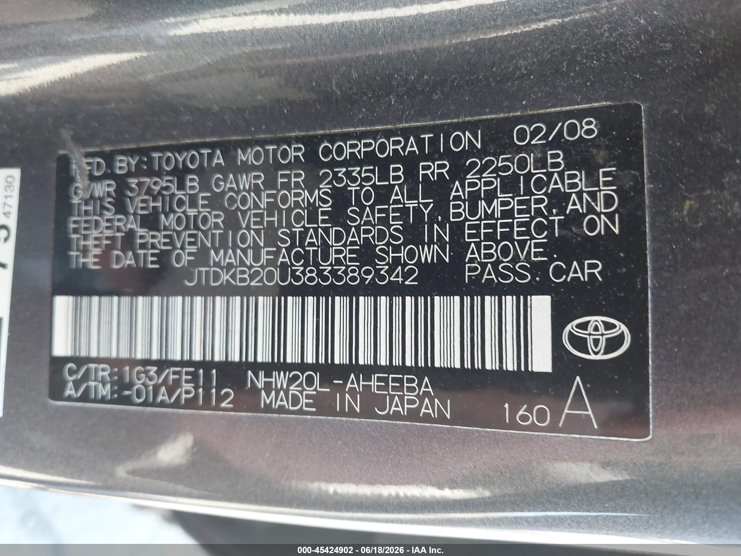 2008 Toyota Prius Gray vin: JTDKB20U383389342