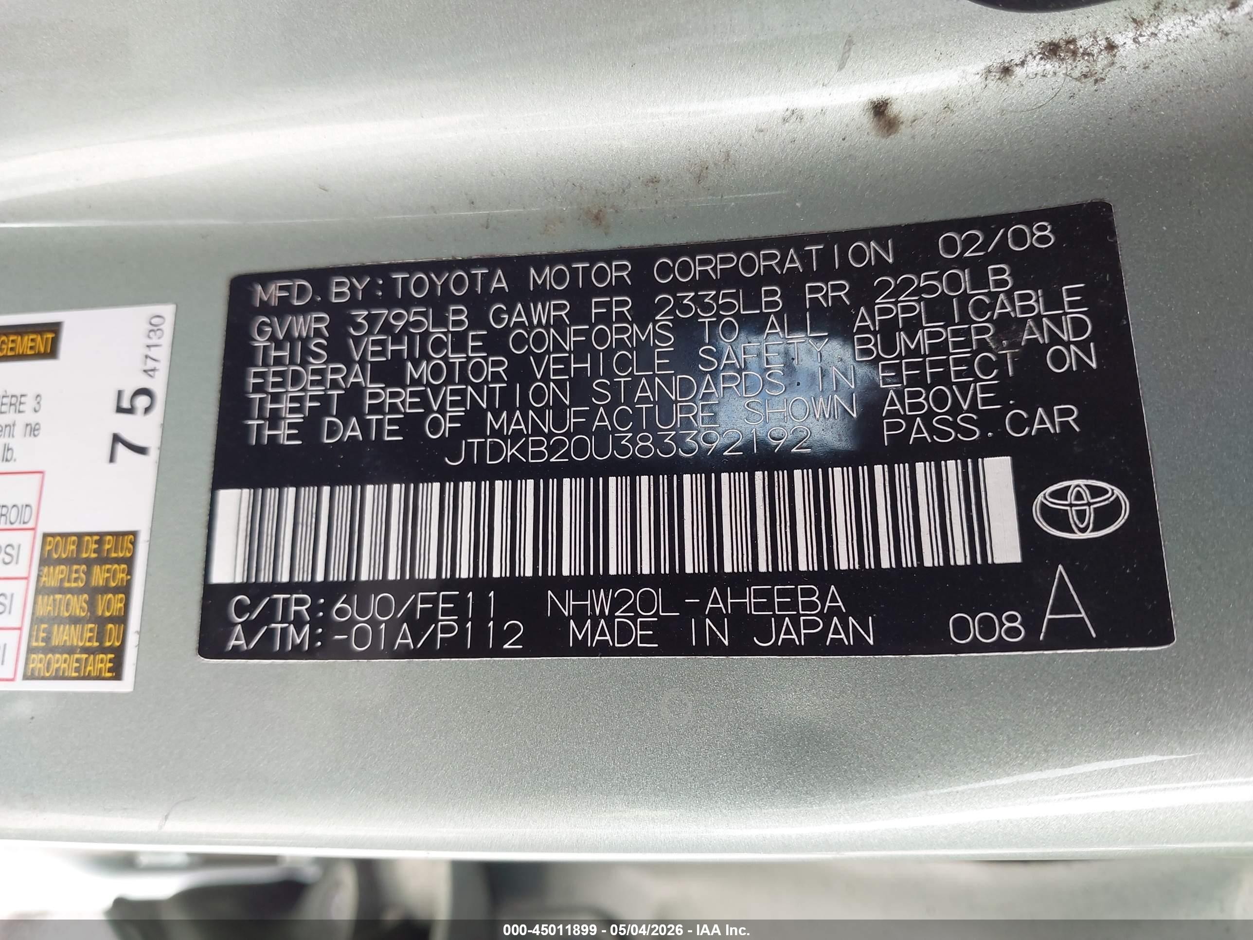 2008 Toyota Prius   Green vin: JTDKB20U383392192