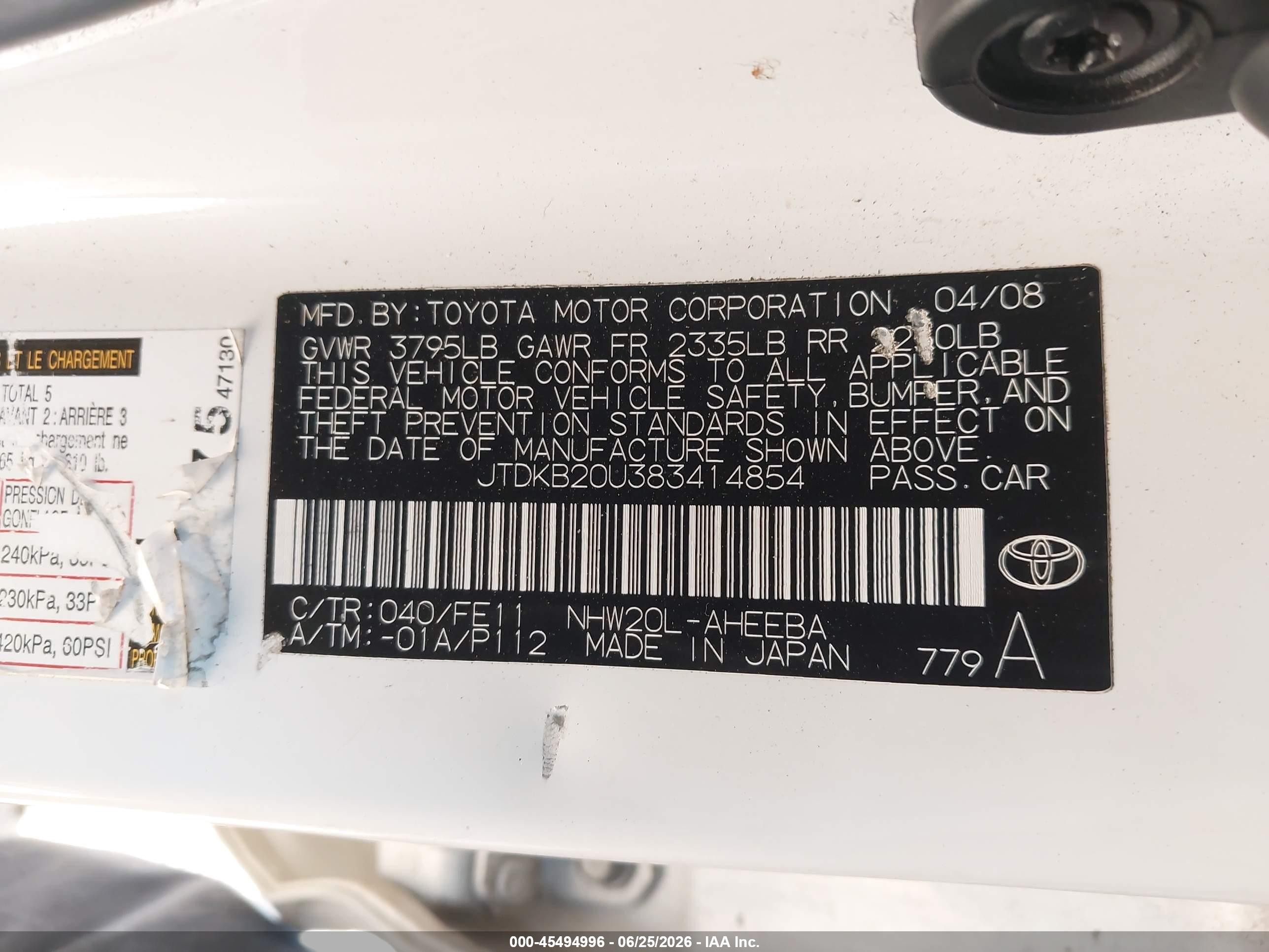 2008 Toyota Prius   White vin: JTDKB20U383414854