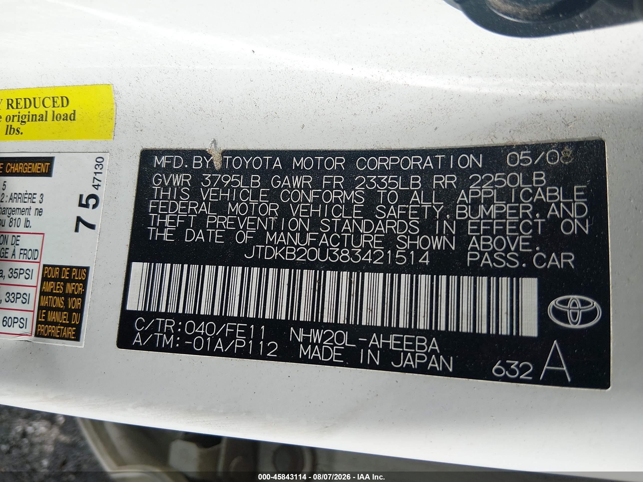 2008 Toyota Prius   White vin: JTDKB20U383421514