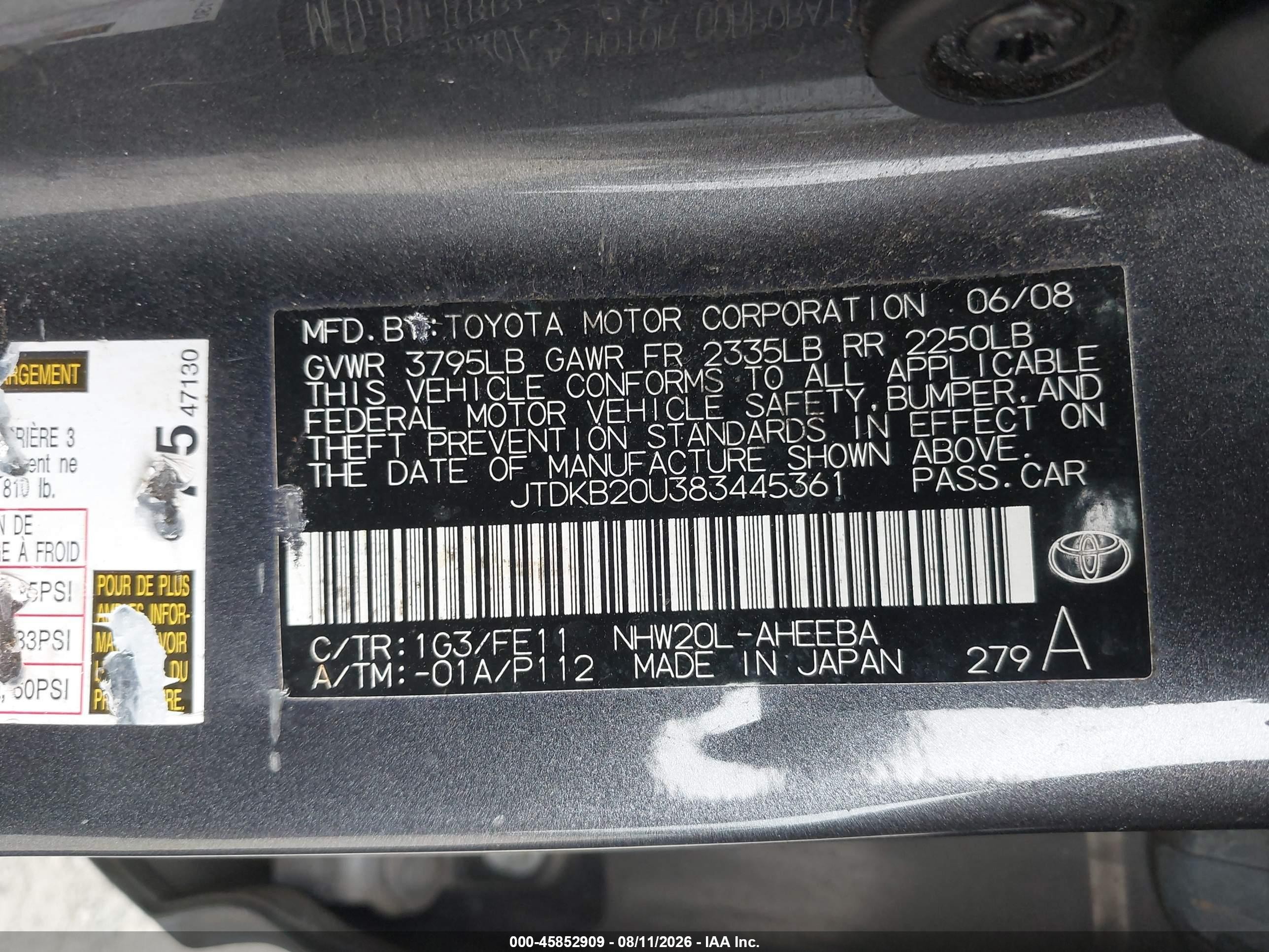 2008 Toyota Prius   Gray vin: JTDKB20U383445361