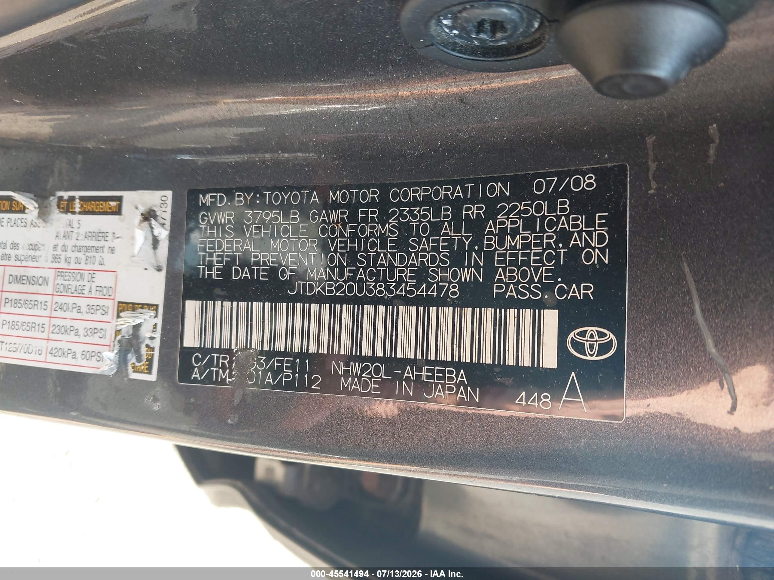 2008 Toyota Prius   Gray vin: JTDKB20U383454478