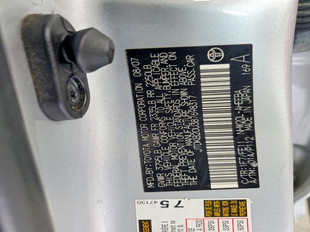 2008 Toyota Prius Base Silver vin: JTDKB20U387698317