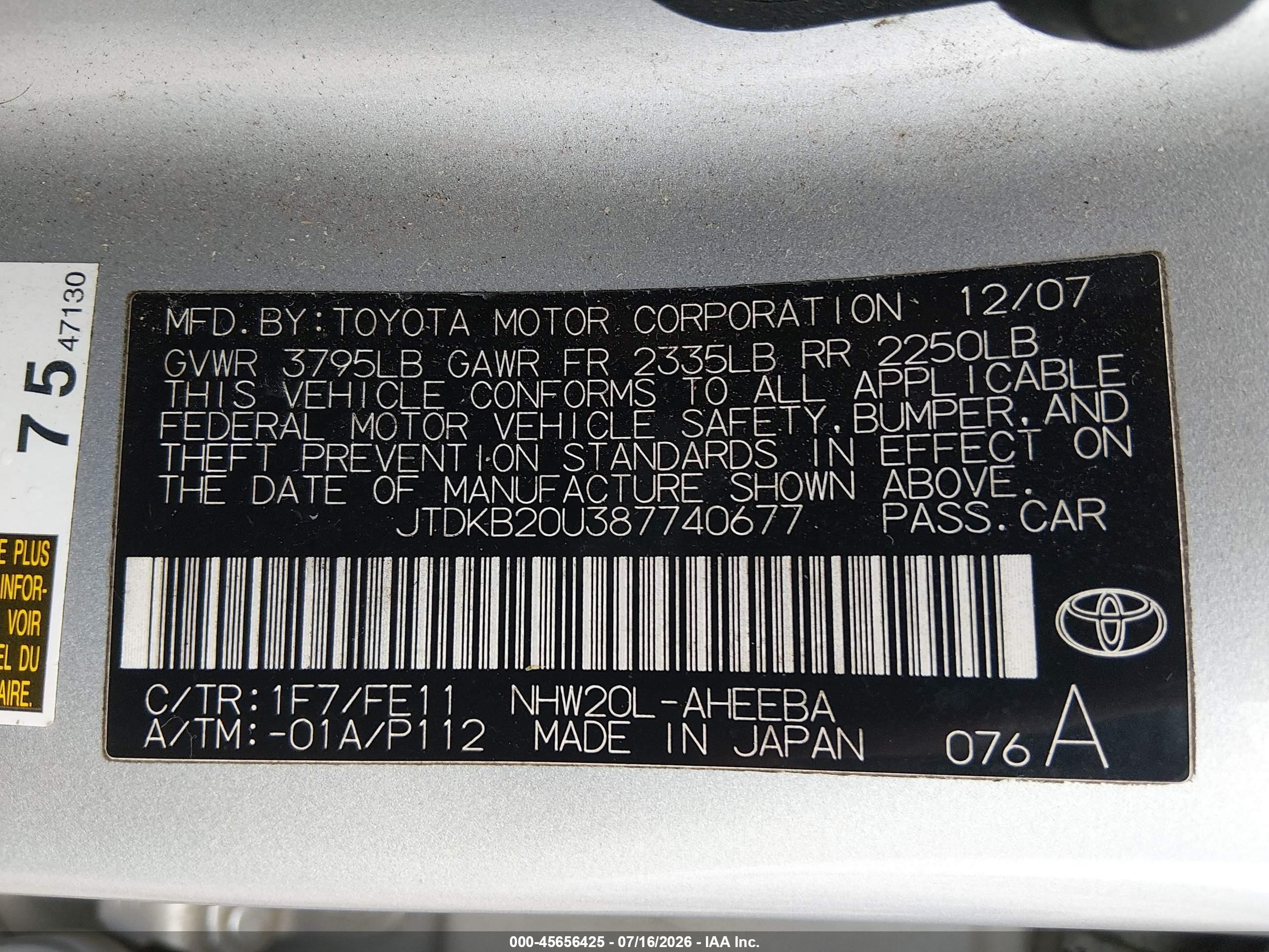 2008 Toyota Prius   Silver vin: JTDKB20U387740677