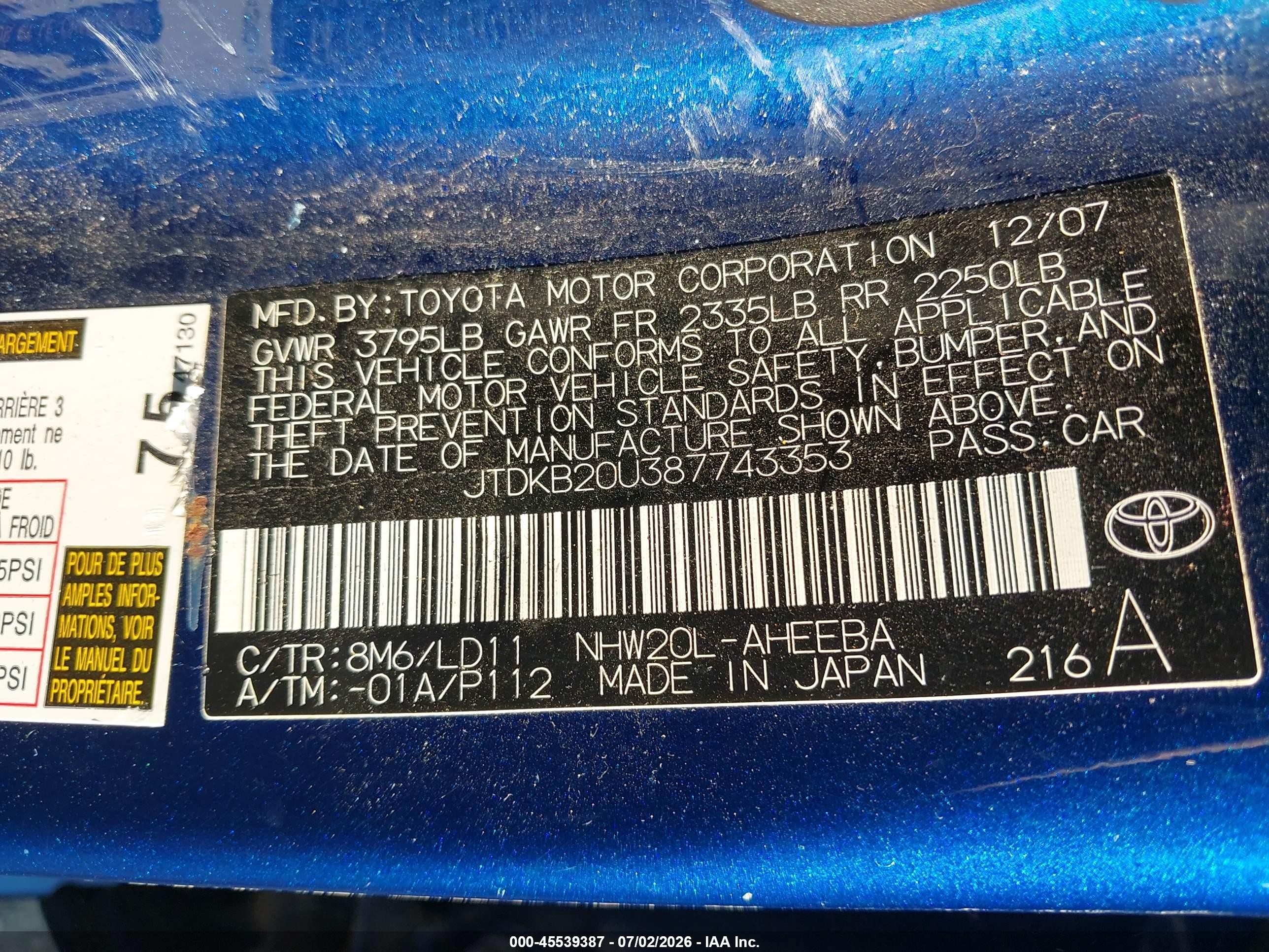 2008 Toyota Prius   Blue vin: JTDKB20U387743353