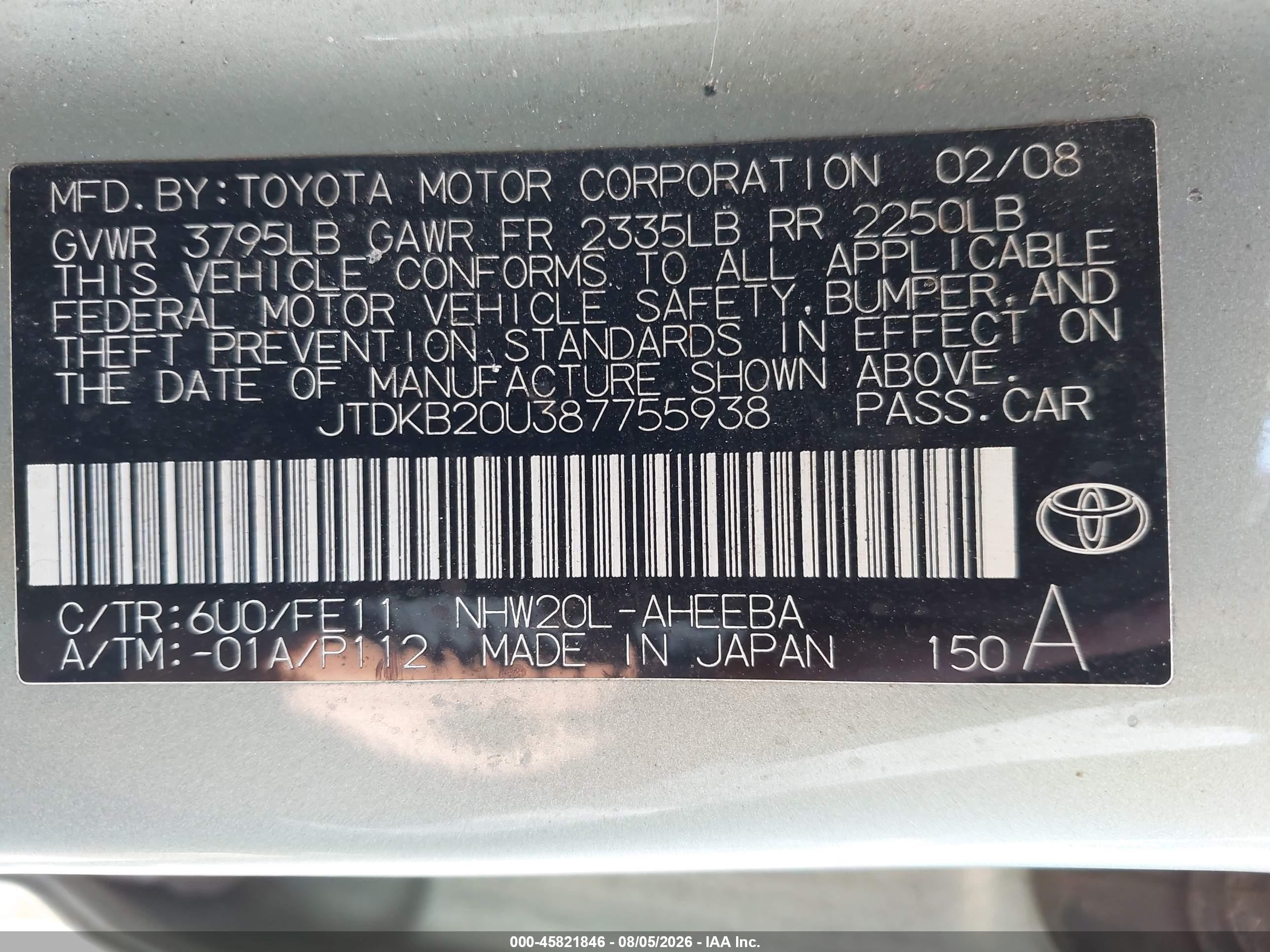 2008 Toyota Prius   Green vin: JTDKB20U387755938
