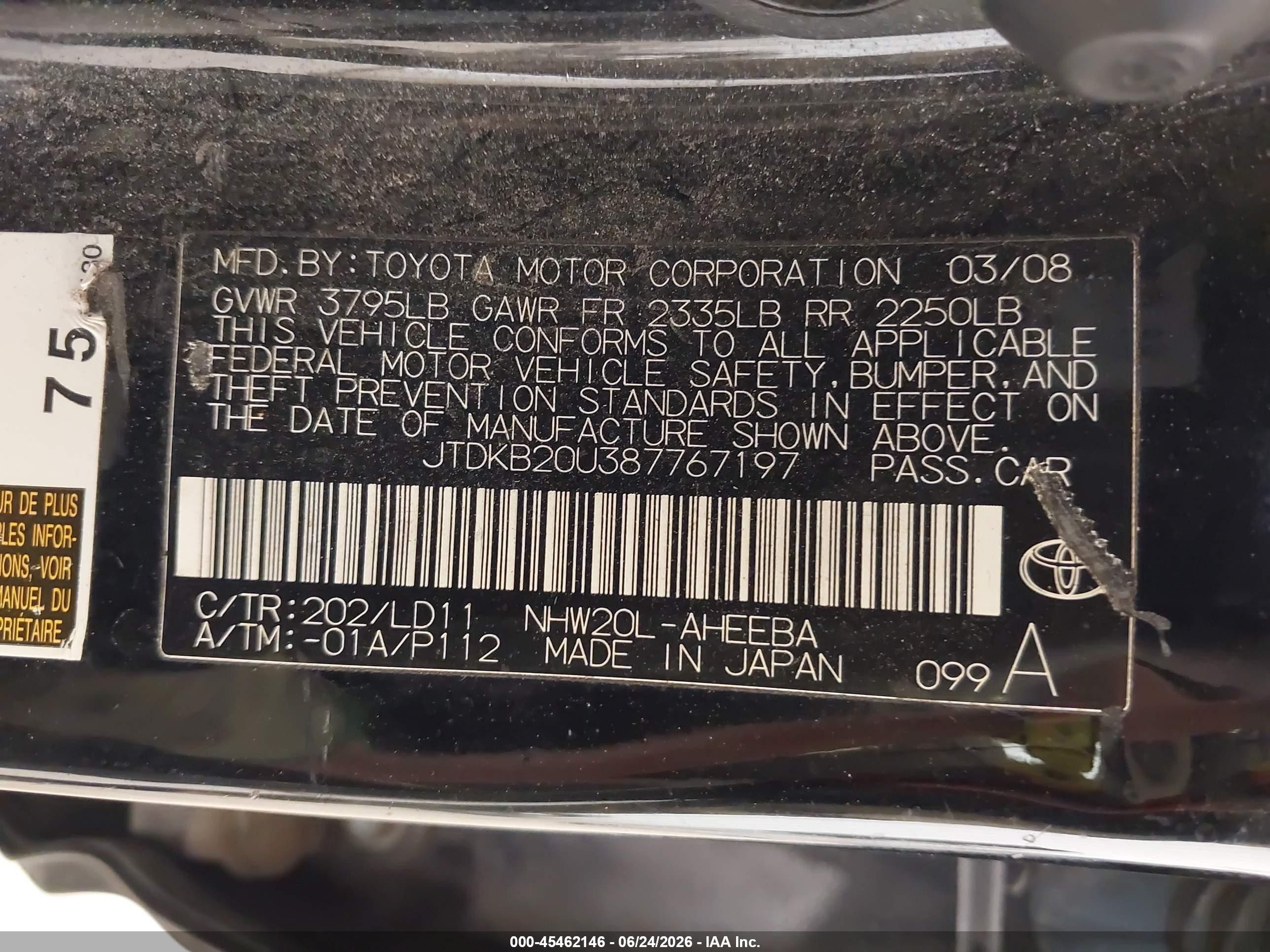 2008 Toyota Prius   Black vin: JTDKB20U387767197
