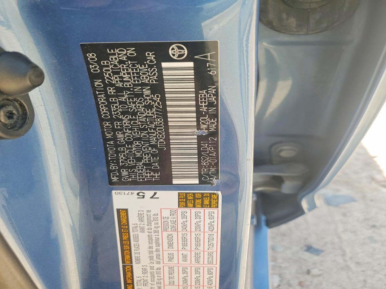 2008 Toyota Prius Base Blue vin: JTDKB20U387772545