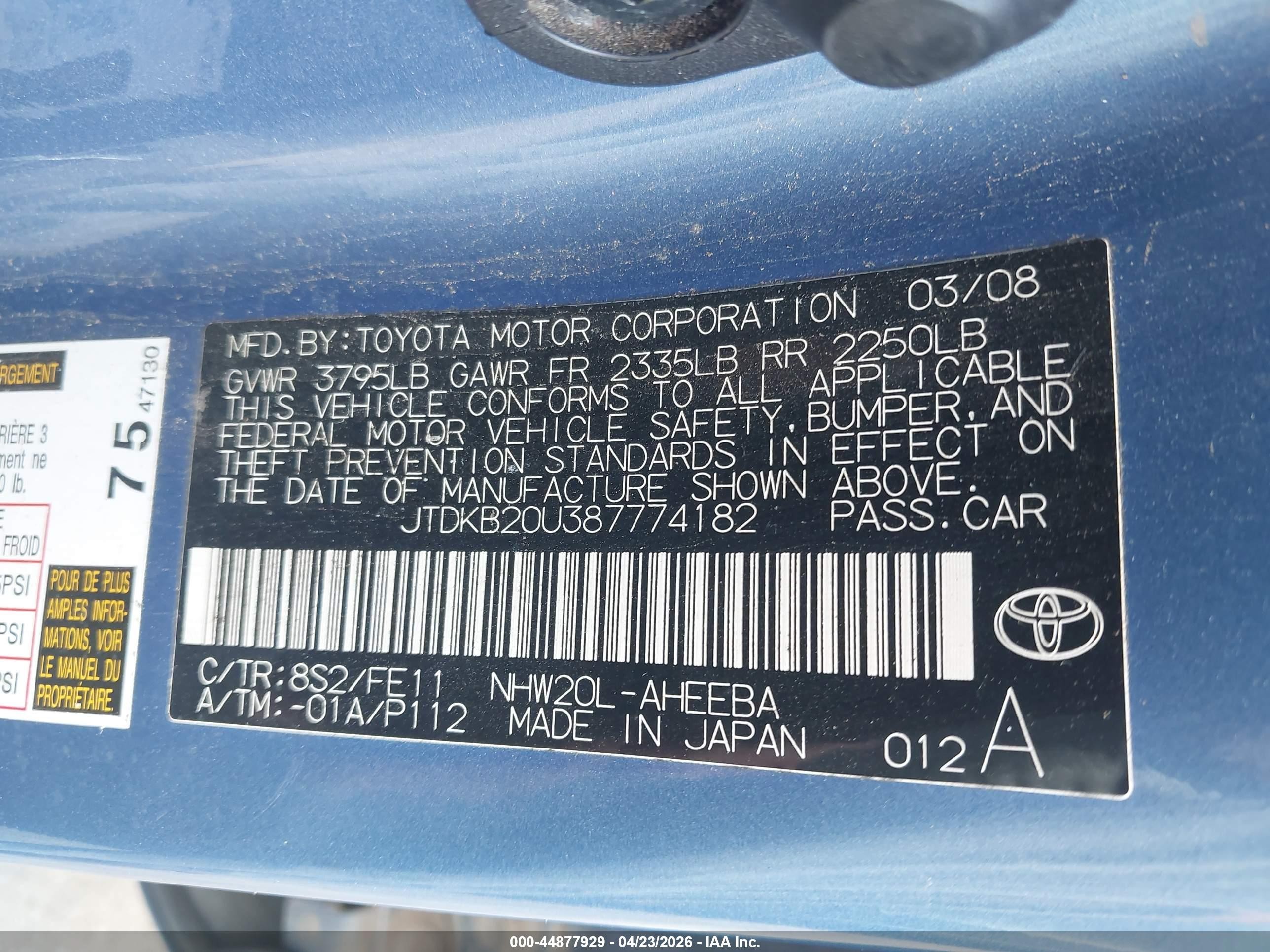 2008 Toyota Prius   Light Blue vin: JTDKB20U387774182