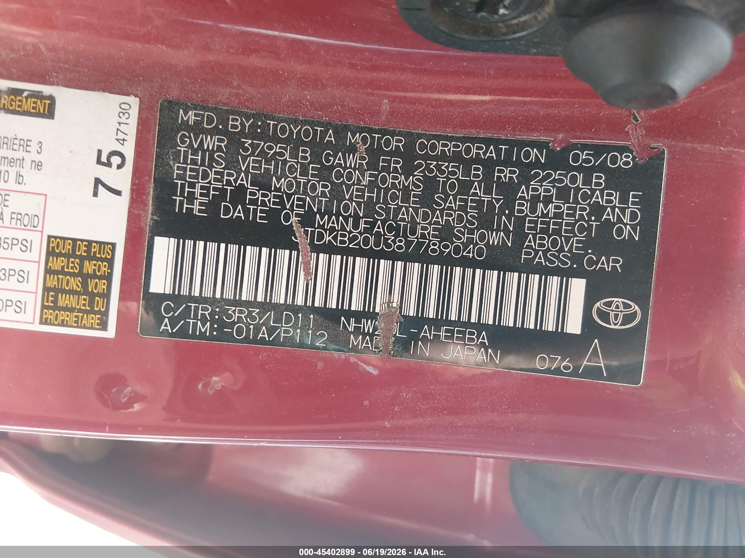 2008 Toyota Prius   Red vin: JTDKB20U387789040