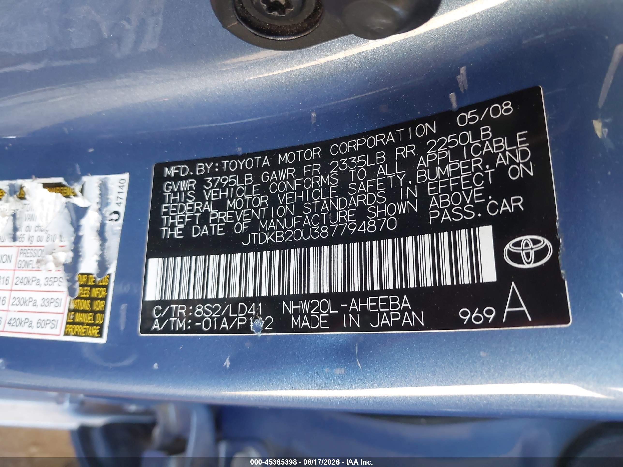 2008 Toyota Prius Touring Серый vin: JTDKB20U387794870