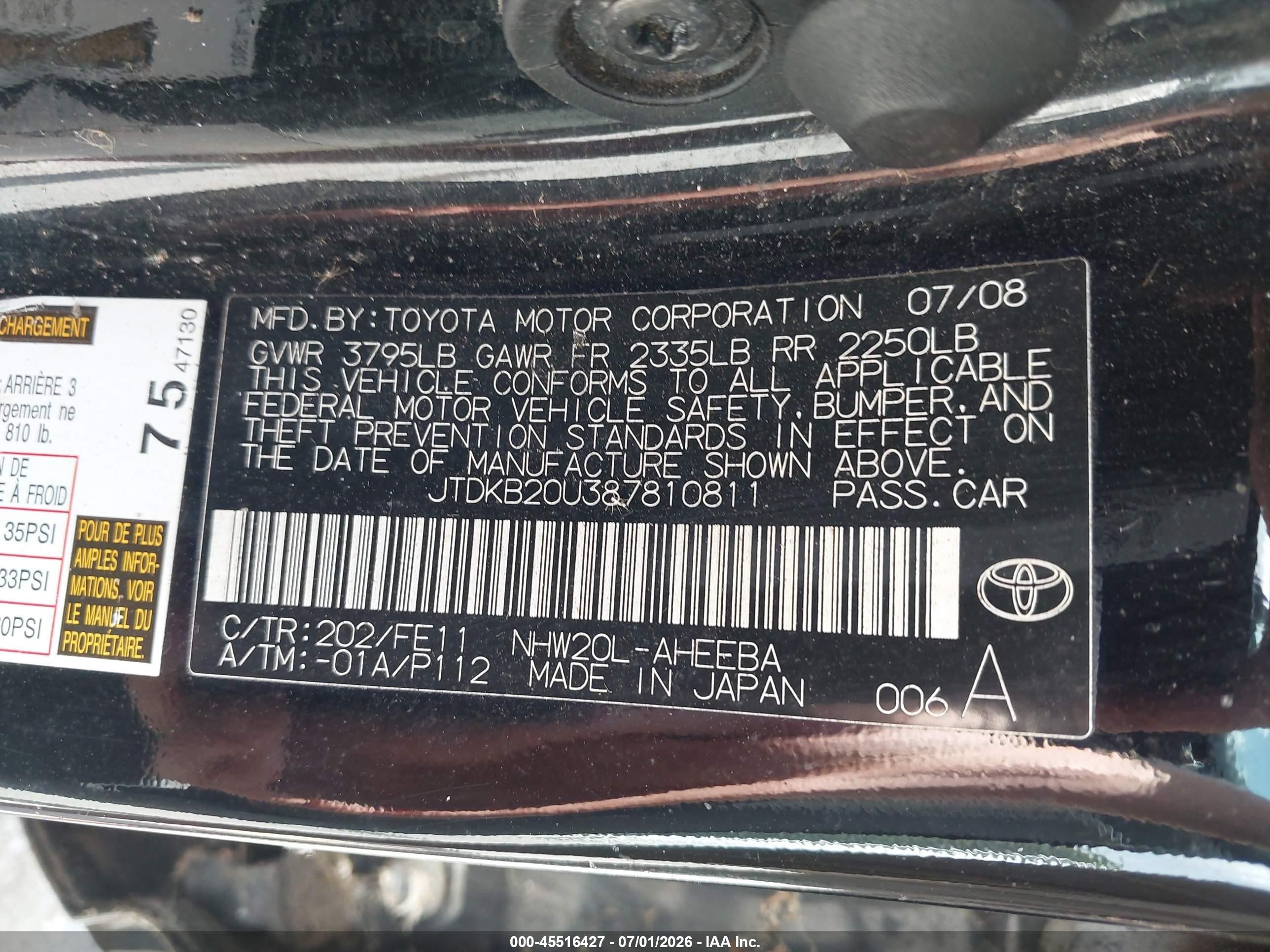2008 Toyota Prius   Black vin: JTDKB20U387810811