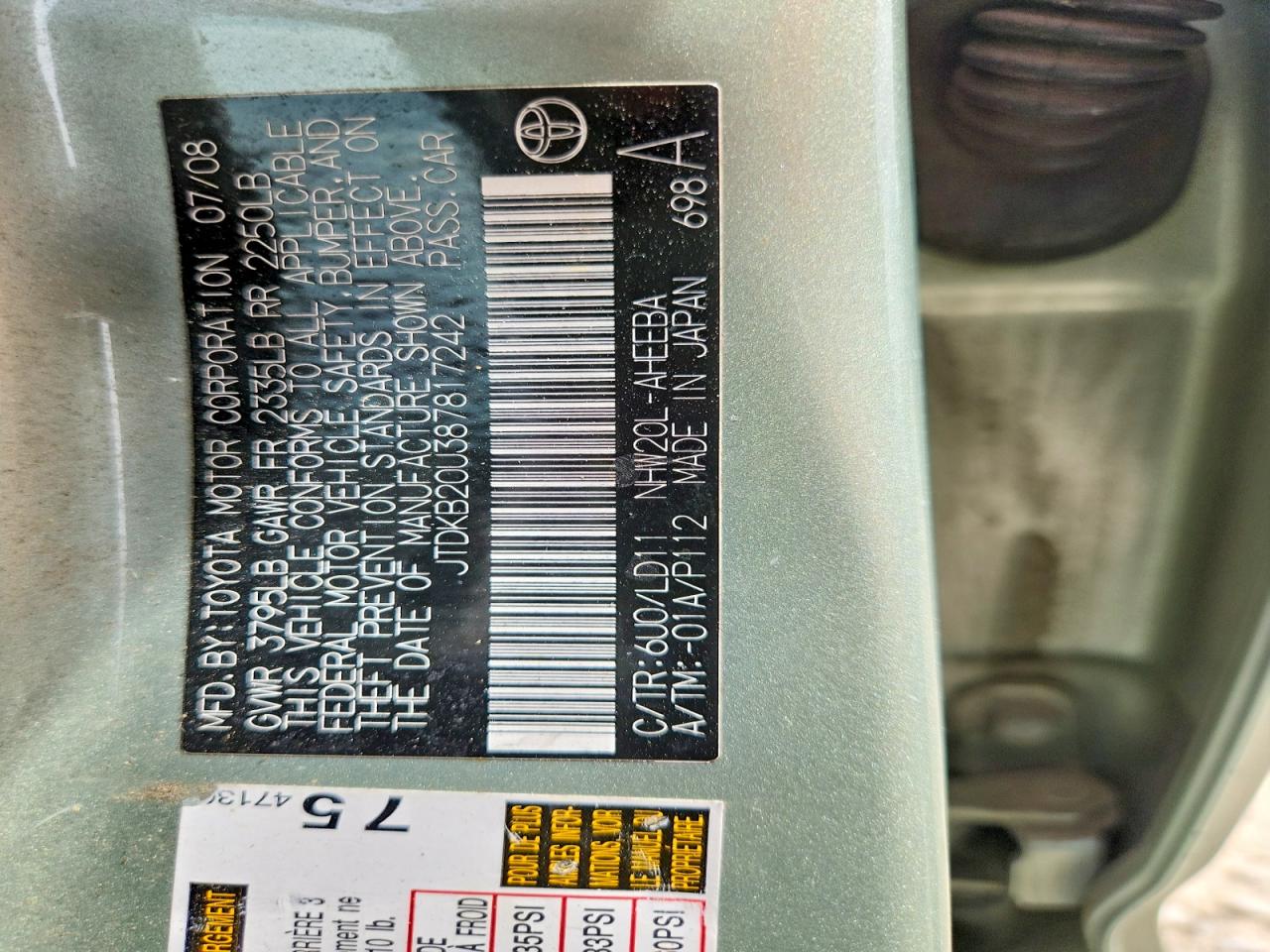 2008 Toyota Prius Base Green vin: JTDKB20U387817242
