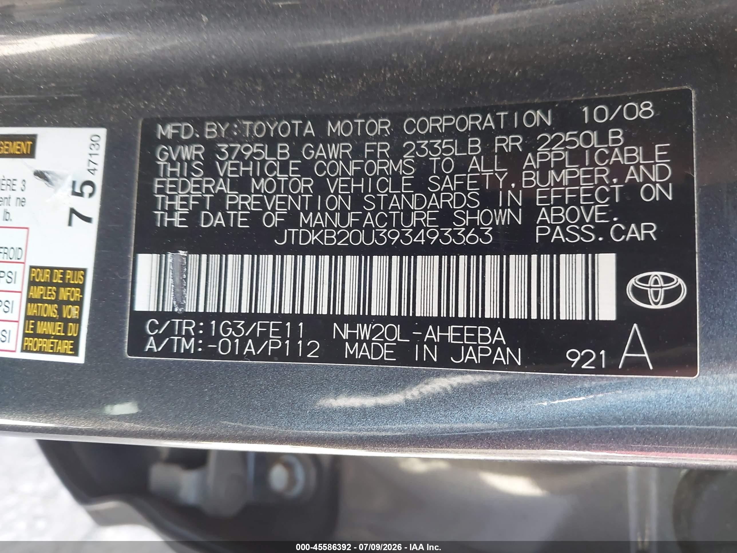 2009 Toyota Prius   Gray vin: JTDKB20U393493363