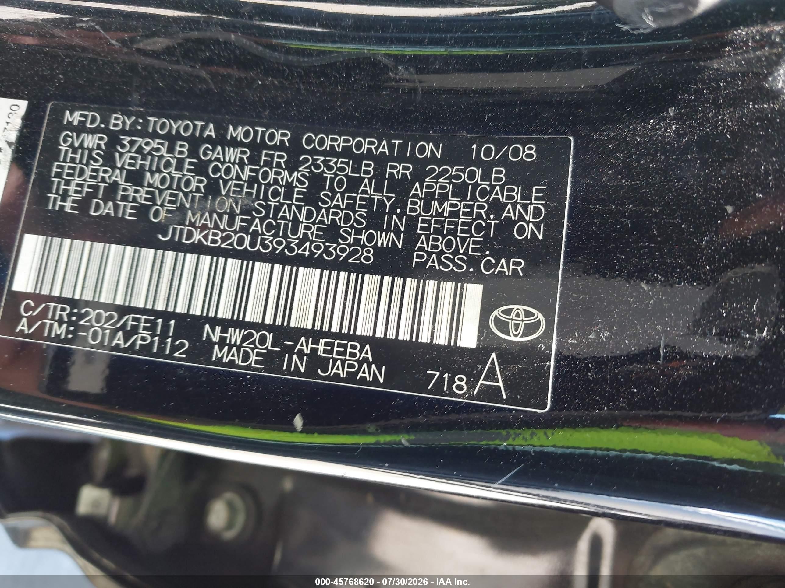 2009 Toyota Prius   Black vin: JTDKB20U393493928