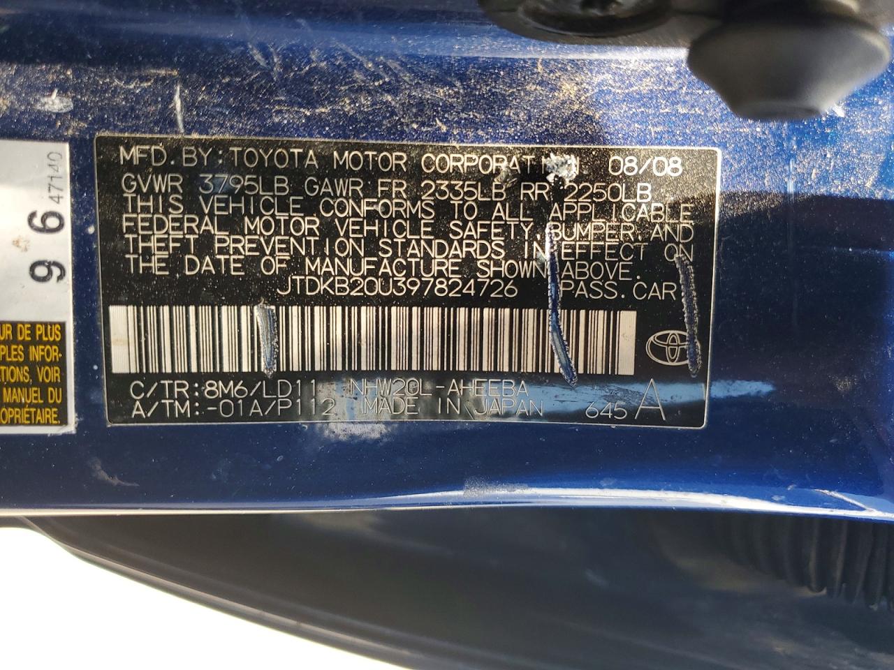 2009 Toyota Prius Touring Blue vin: JTDKB20U397824726