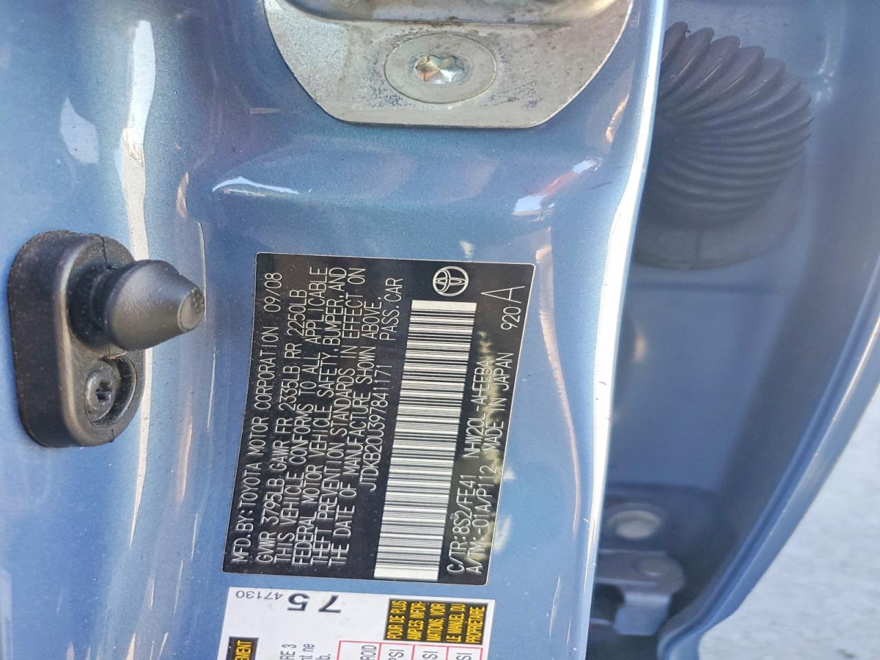 2009 Toyota Prius Base Blue vin: JTDKB20U397841171