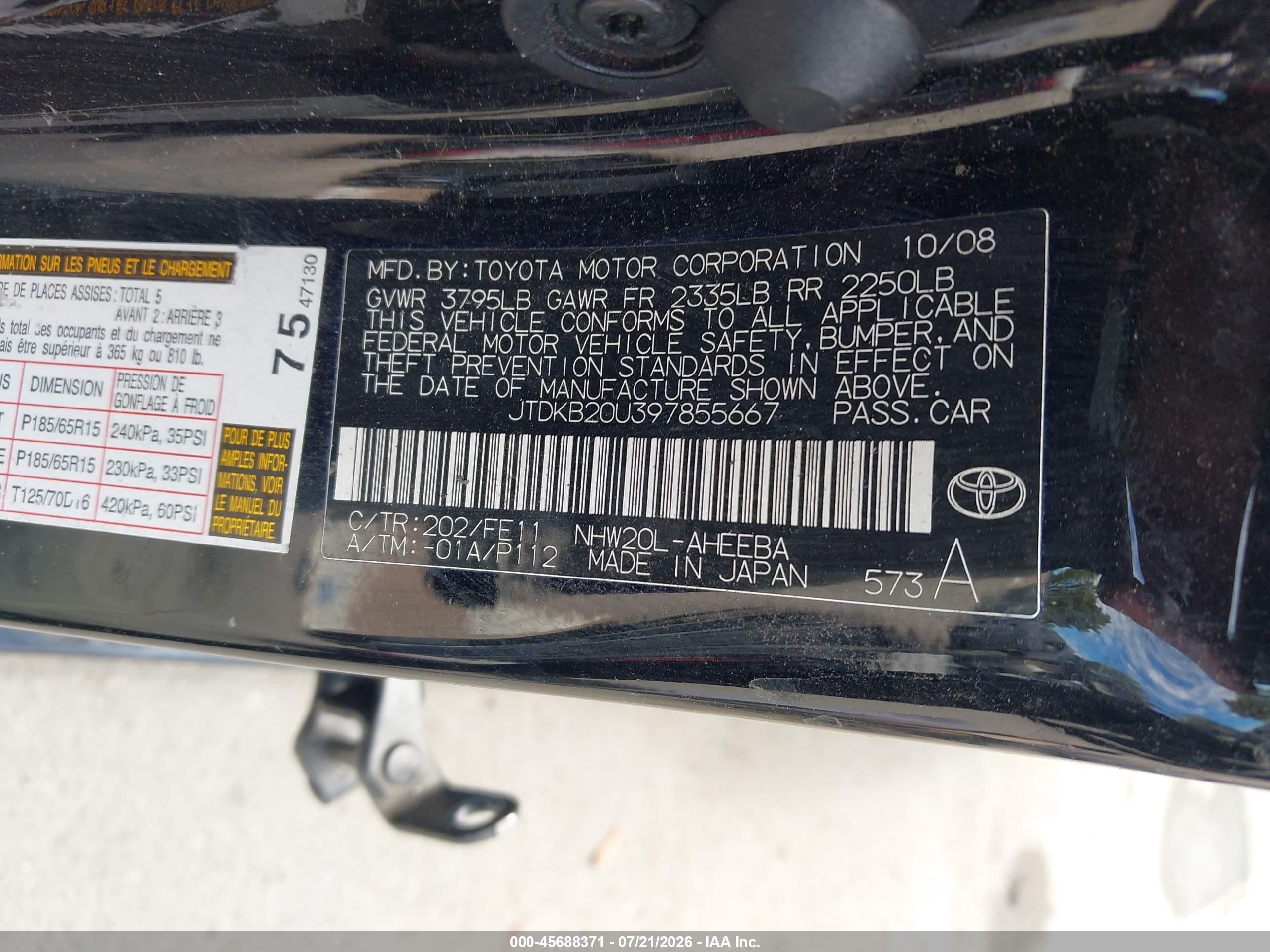2009 Toyota Prius   Black vin: JTDKB20U397855667