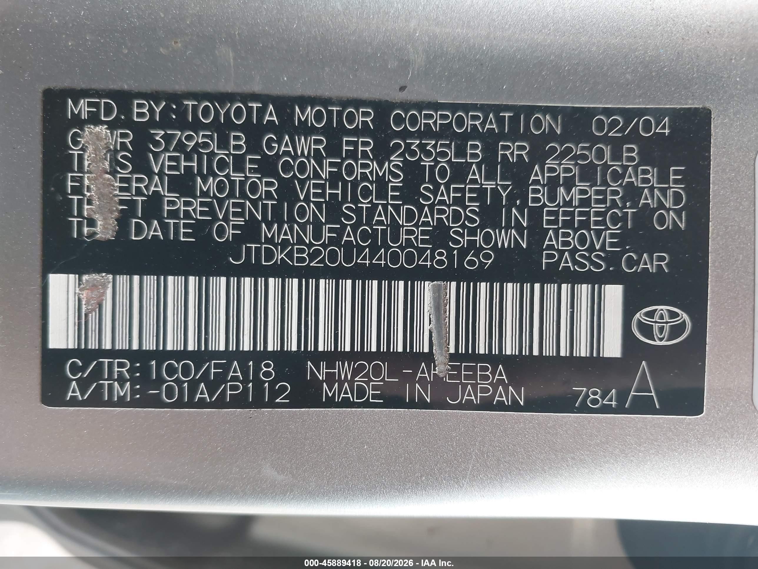 2004 Toyota Prius   Silver vin: JTDKB20U440048169