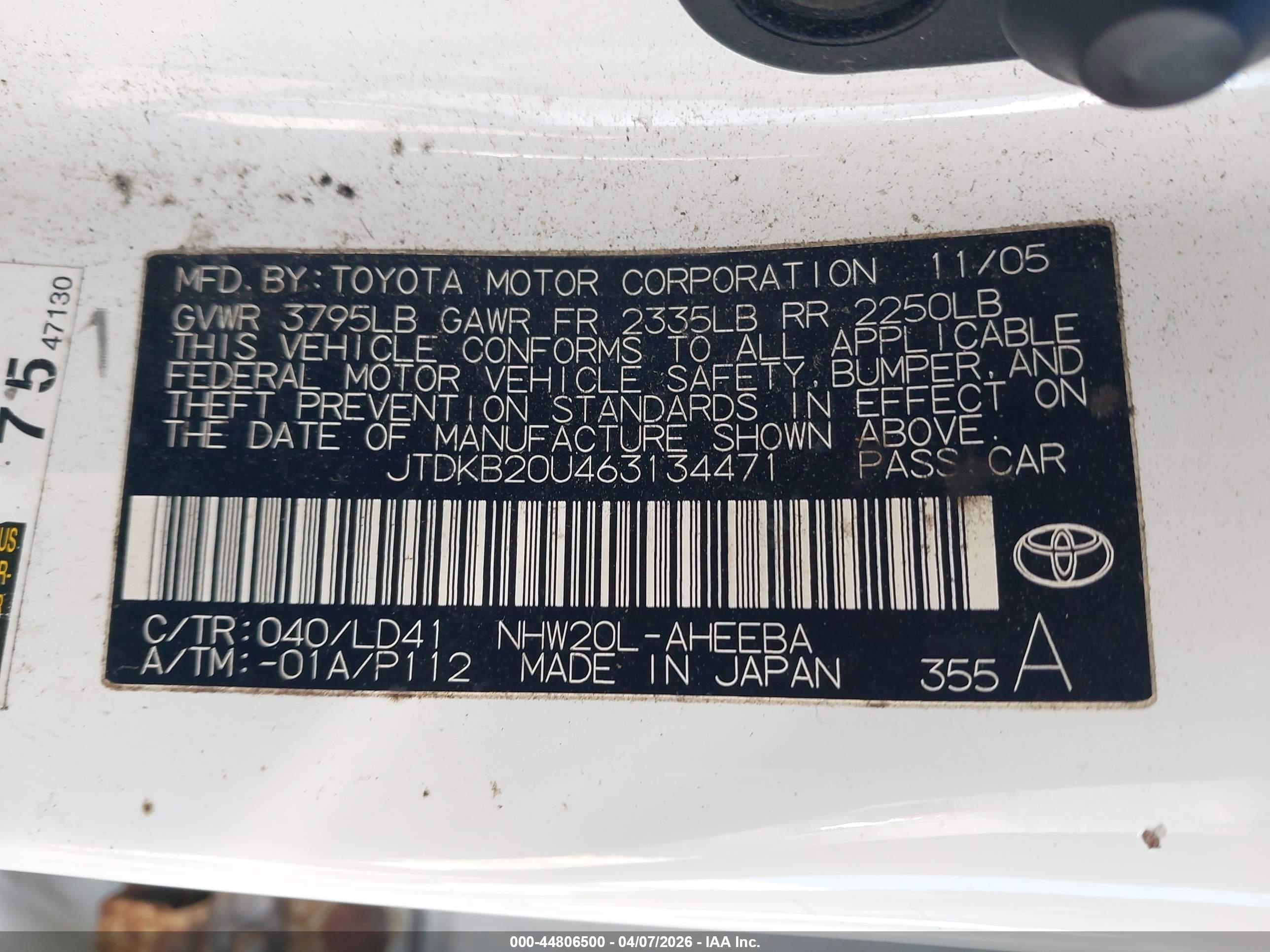 2006 Toyota Prius White vin: JTDKB20U463134471