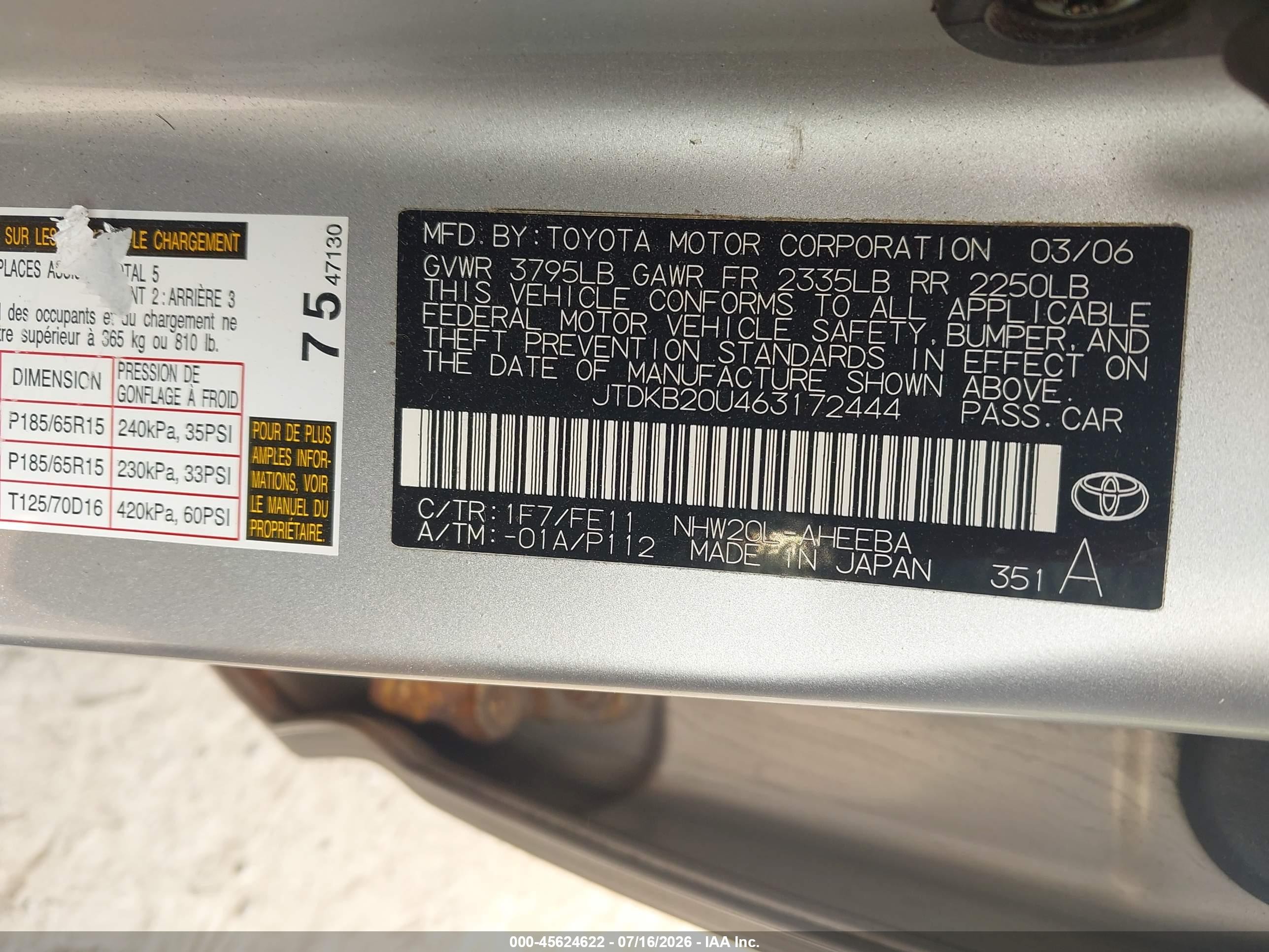 2006 Toyota Prius   Silver vin: JTDKB20U463172444
