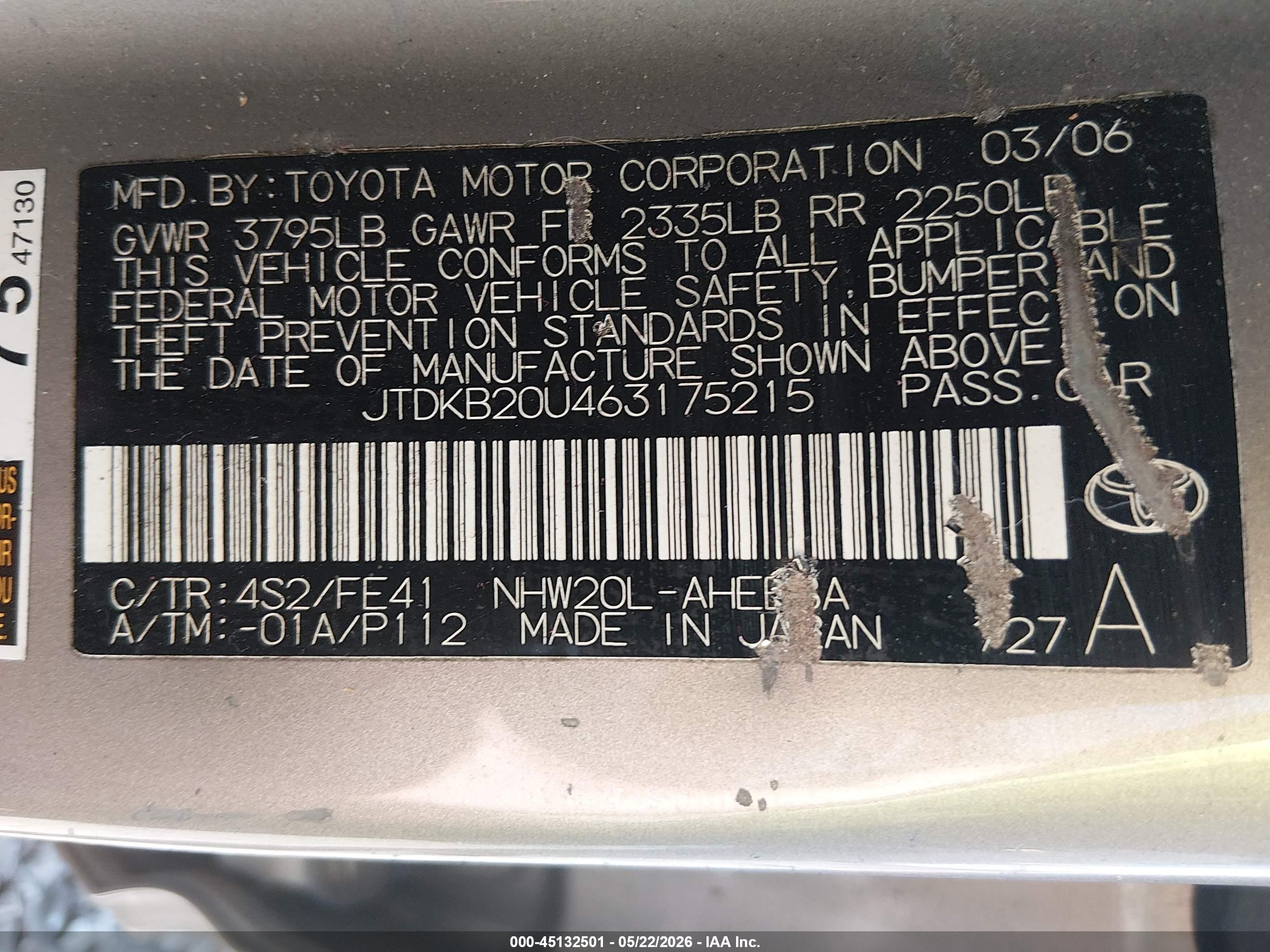 2006 Toyota Prius   Gold vin: JTDKB20U463175215