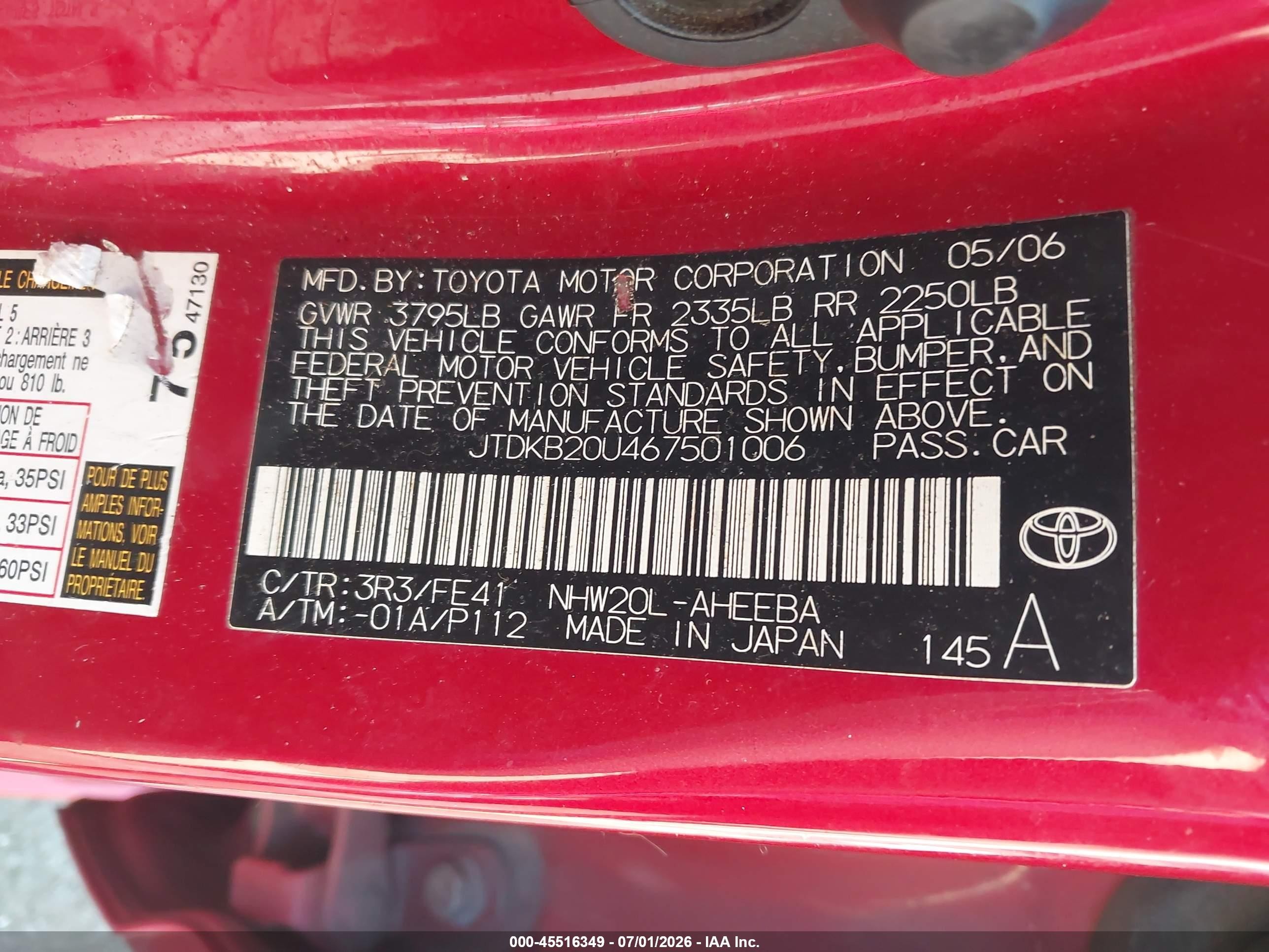 2006 Toyota Prius   Red vin: JTDKB20U467501006